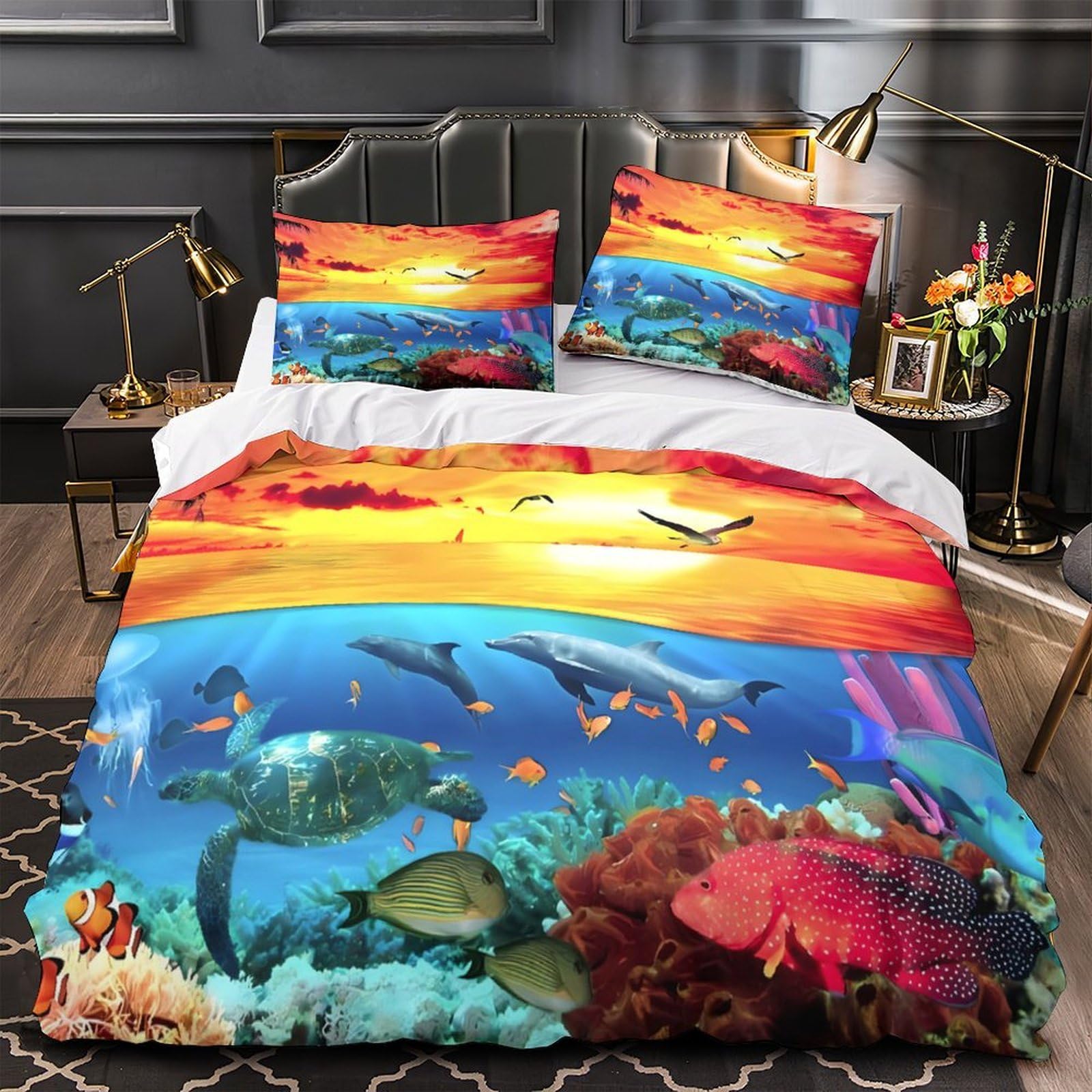 MMDASBVPE Ocean Sunset Scene Comforter Cover 3D Print Wrinkle-Resistant 3PCs Bed Linen Hidden Zipper Quilt Cover Extra Soft Washable for Teens Youth Adults Women Kids Boys Double（200x200cm）