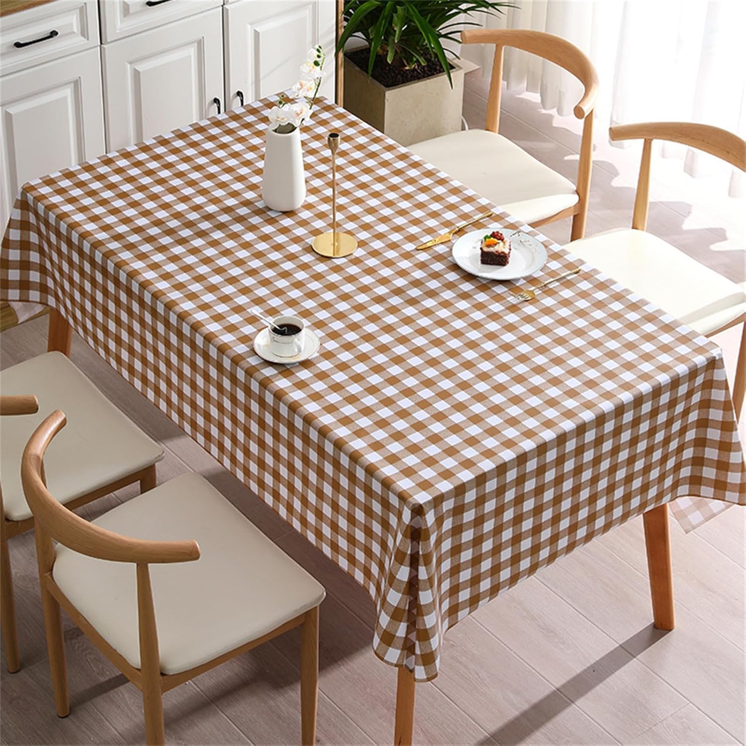 KIJyfgTR Checked Rectangular Tablecloth Ideal For Outdoor Gardens And Festive Parties(Khaki,140x180cm)