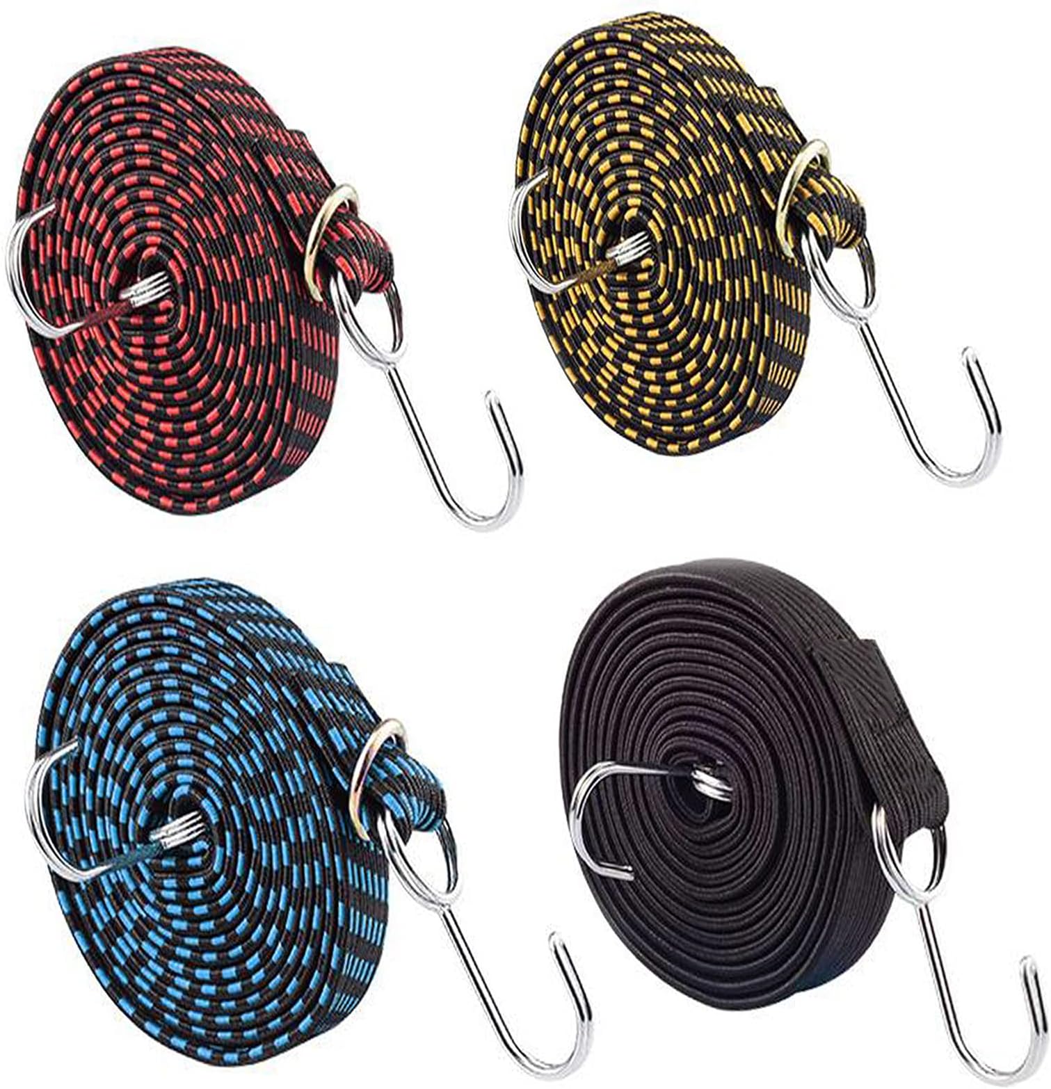 PAKEY Bungee Cords with Hooks Heavy Duty Elastic Luggage Straps 4 Pack Strap Tarpaulin Fixings Rubber Nylon Cords for Bike Trucks Trailer and Camping, Multi-coloured