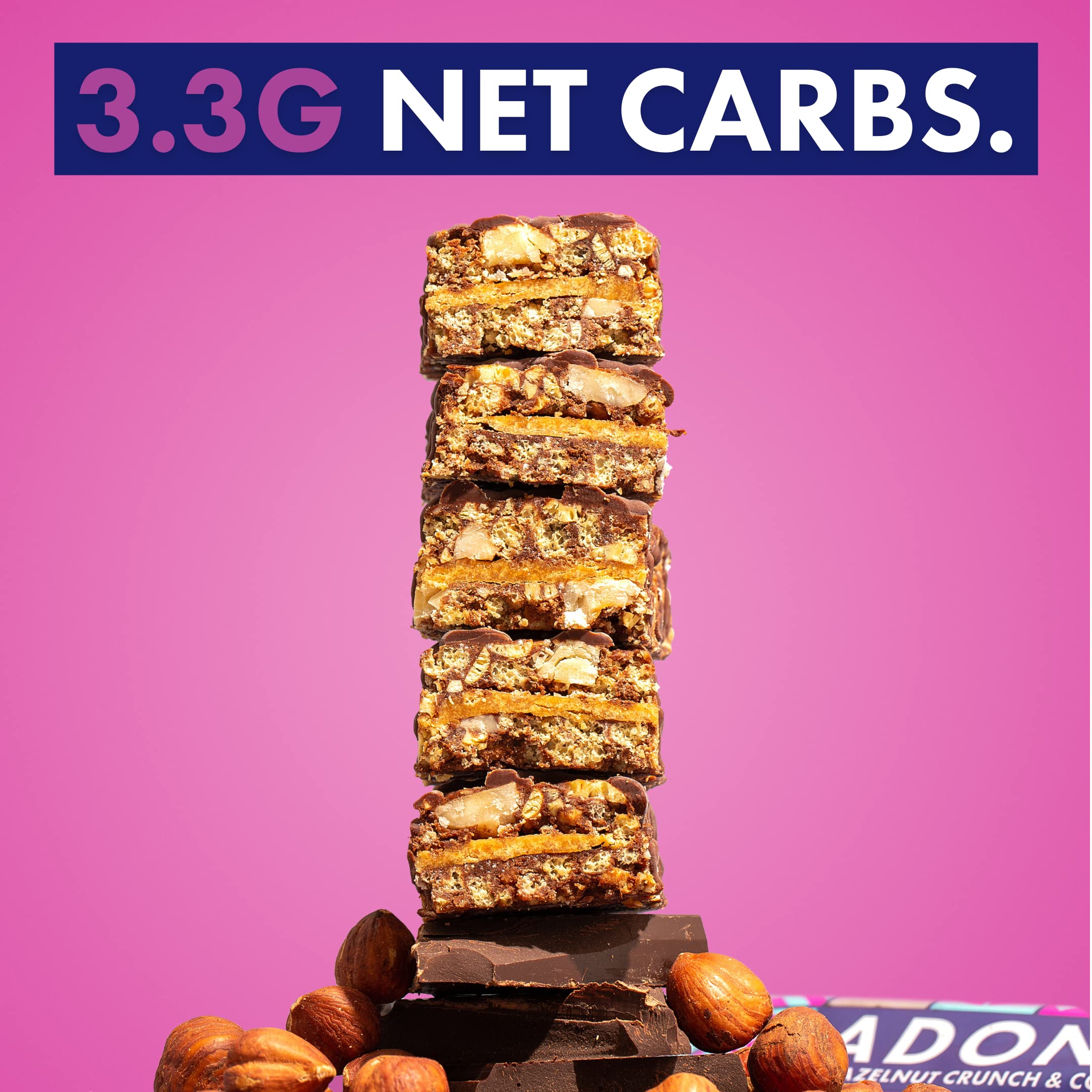 Adonis Keto Barrete Proteiche | Nocciola & Cioccolate Cheto Bar | Snack Bar Cheto, Alto Proteine, A basso Contenuto di Carboidrati, Vegano, Senza Zuccheri, Poche Calorie, Perdita di Peso (16 Pezzi)