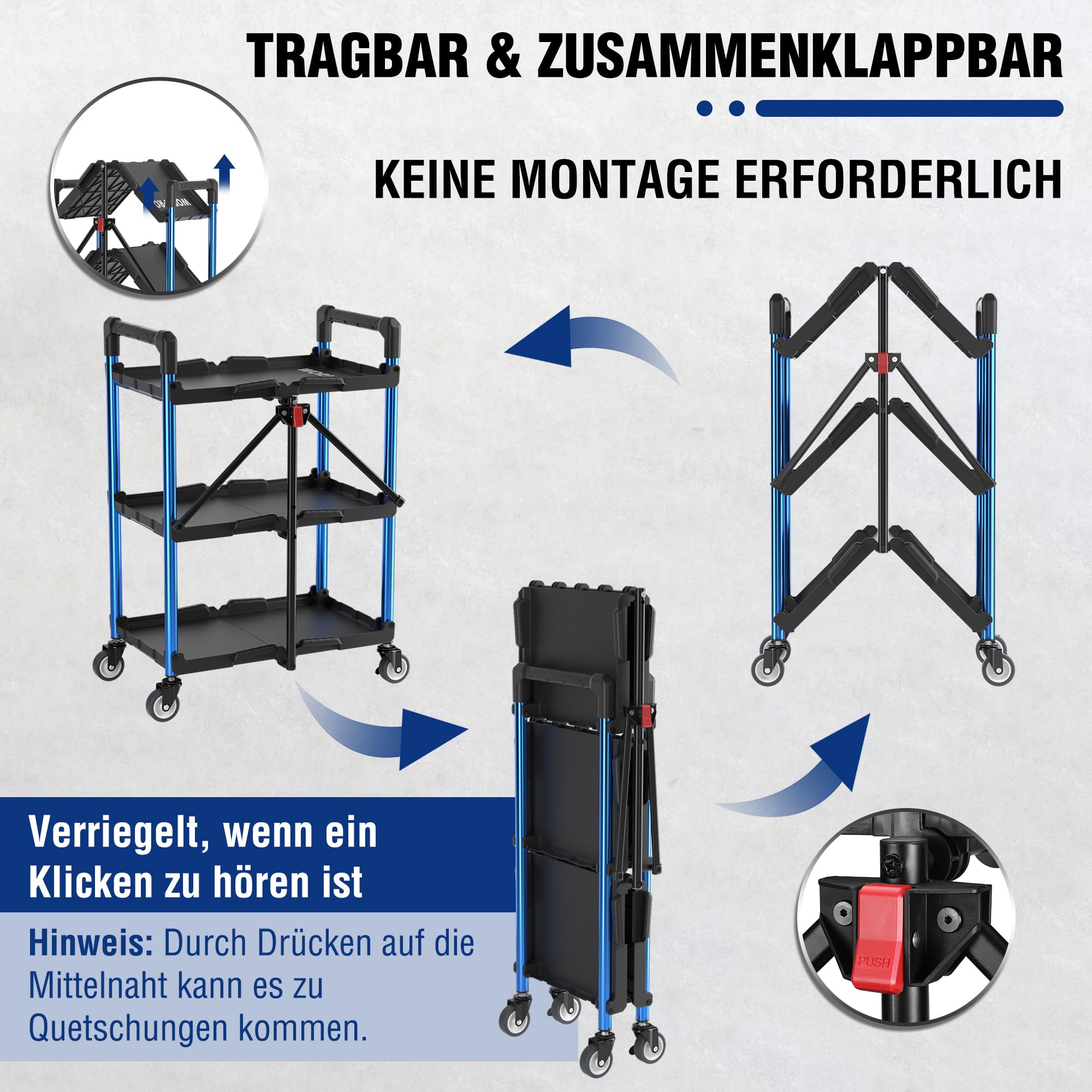 WORKPRO Servierwagen Klappbar mit Rollen, Faltbarer Rollwagen Beistellwagen 3 Etagen, Bis zu 96 kg Belastbar, Küchenwagen Transport Wagen für Werkstatt, Küche, Büro, Picknick