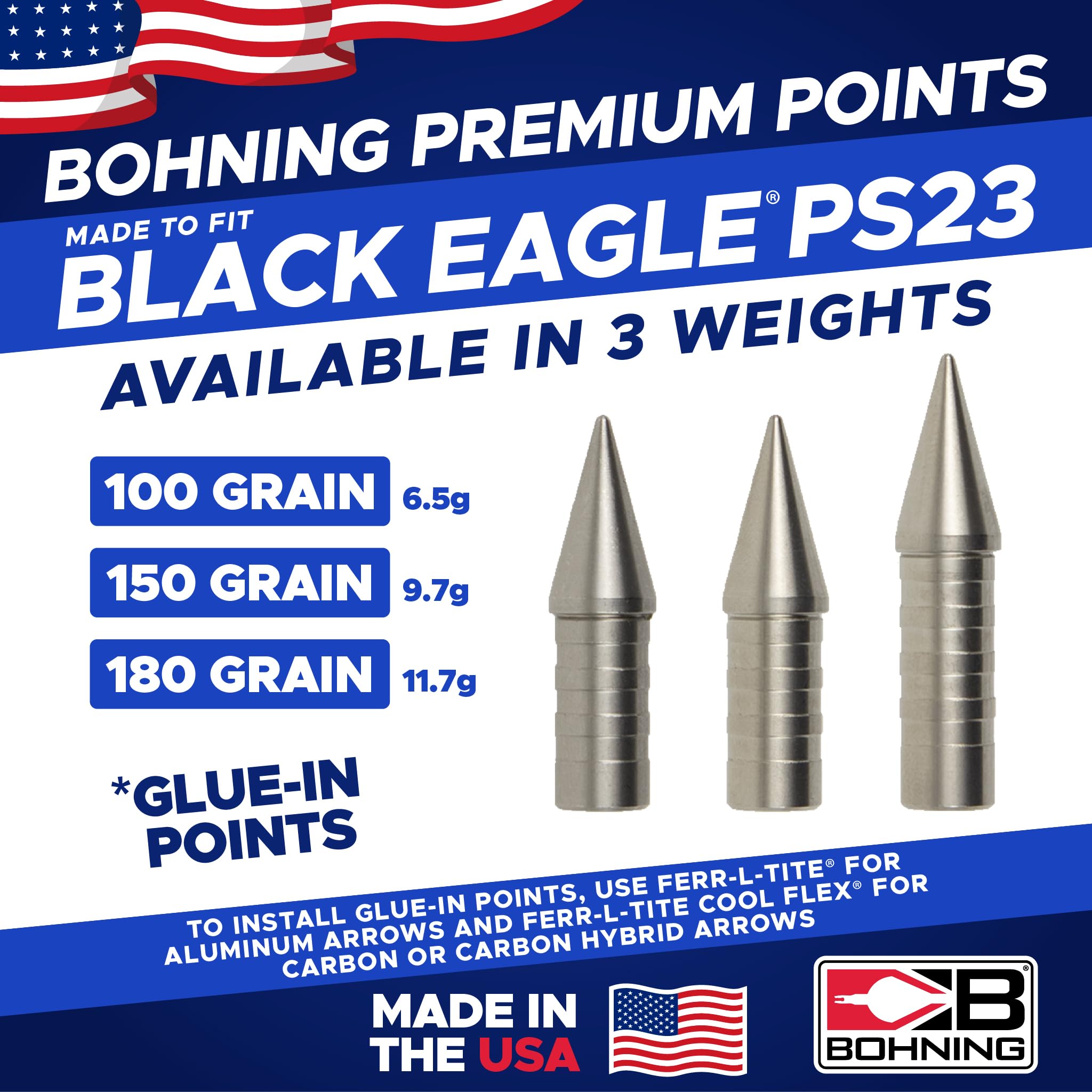 Bohning Match Grade Glue-in Points for Black Eagle® PS23, 150 Grain, 12pk