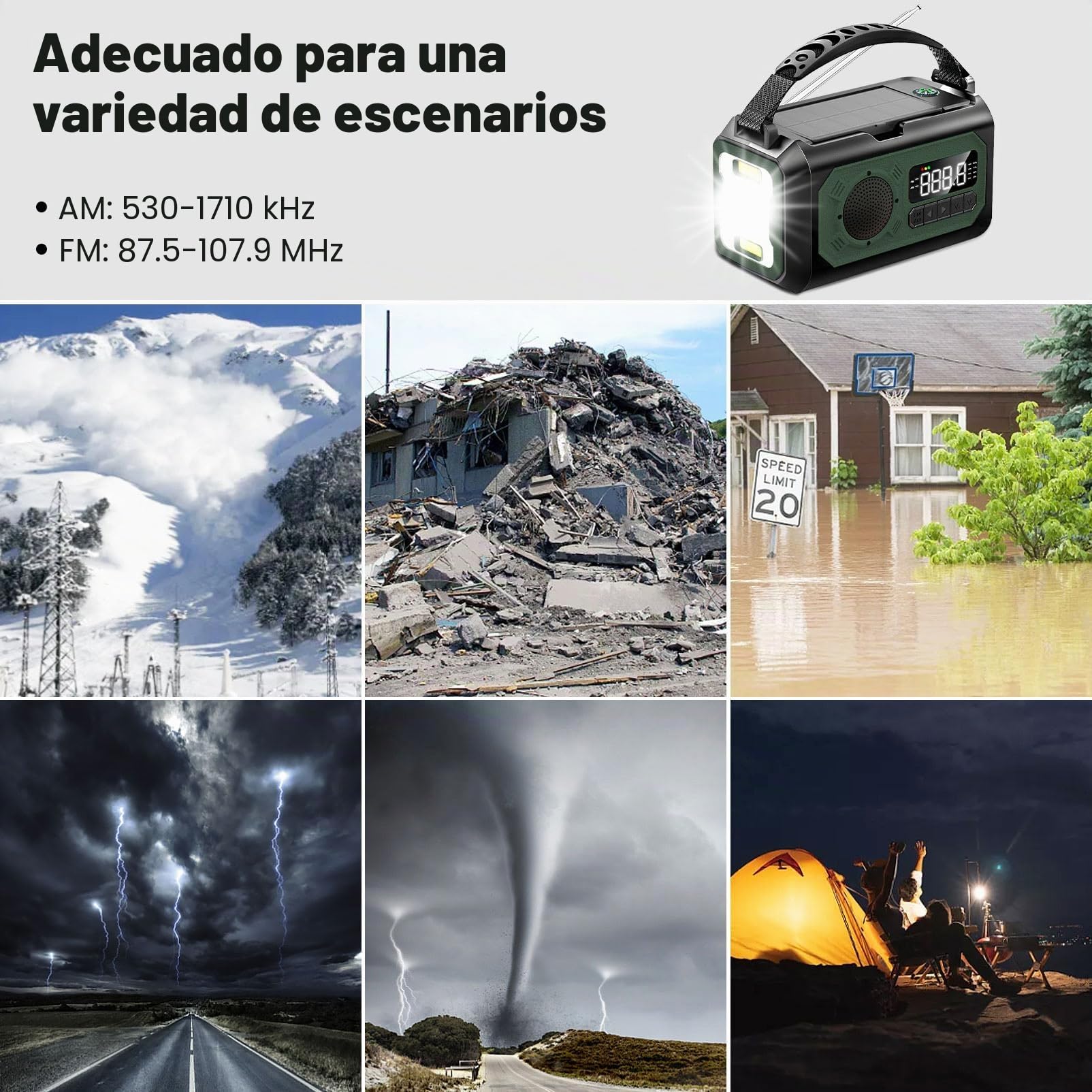 Radio de Manivela de 12000mAh, Radio con 2 Paneles Solares paraRecarga,Rradio de Manivela de Emergencia Am/FM, 3 Modos de Recarga,Radio de Emergencia Portátil 7 en 1, SOS, Linterna y Brújula