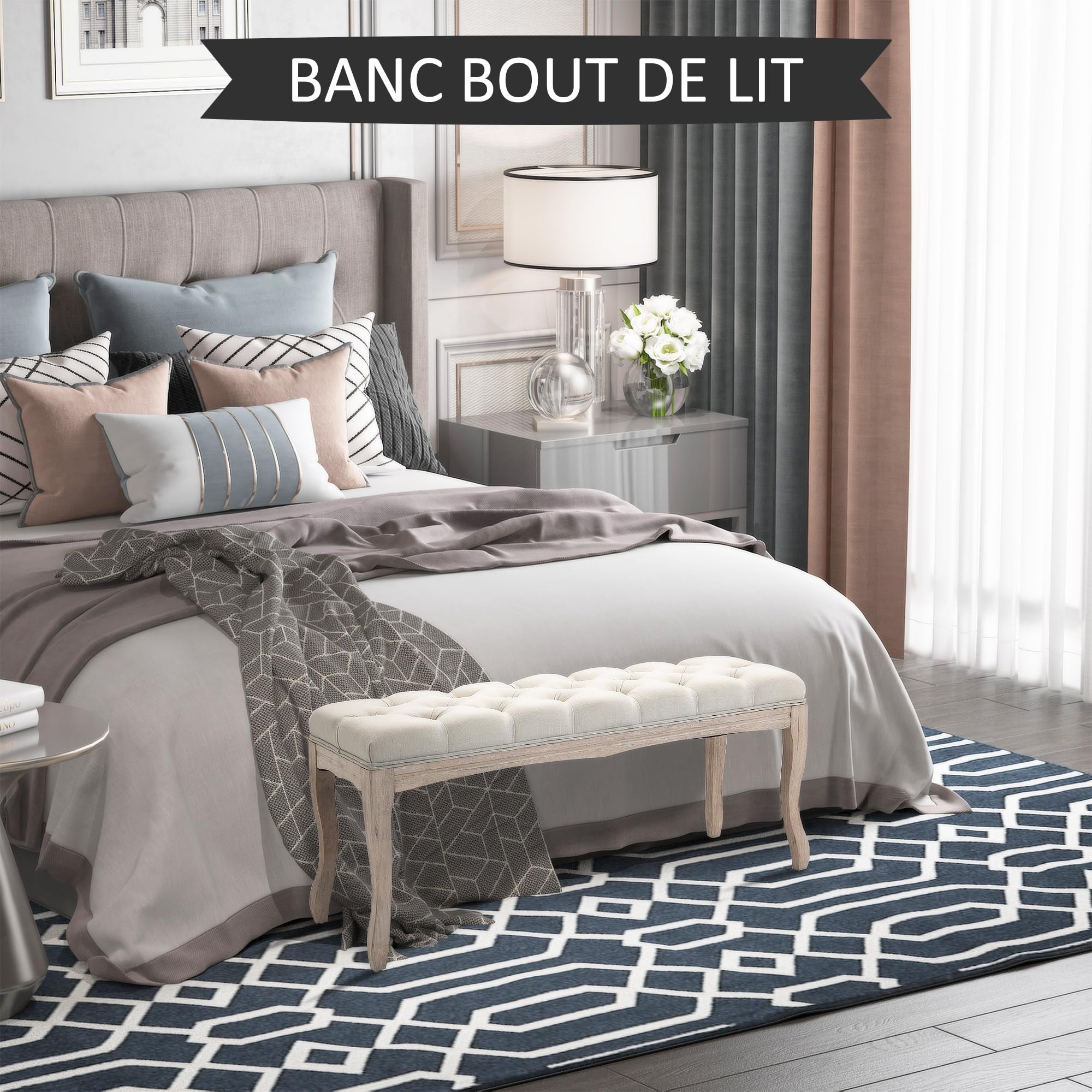 HOMCOM Banc Banquette capitonnée Style Classique 110 cm Bout de lit Rembourrée en Lin piètement Bois hévéa sculpté Lin Beige