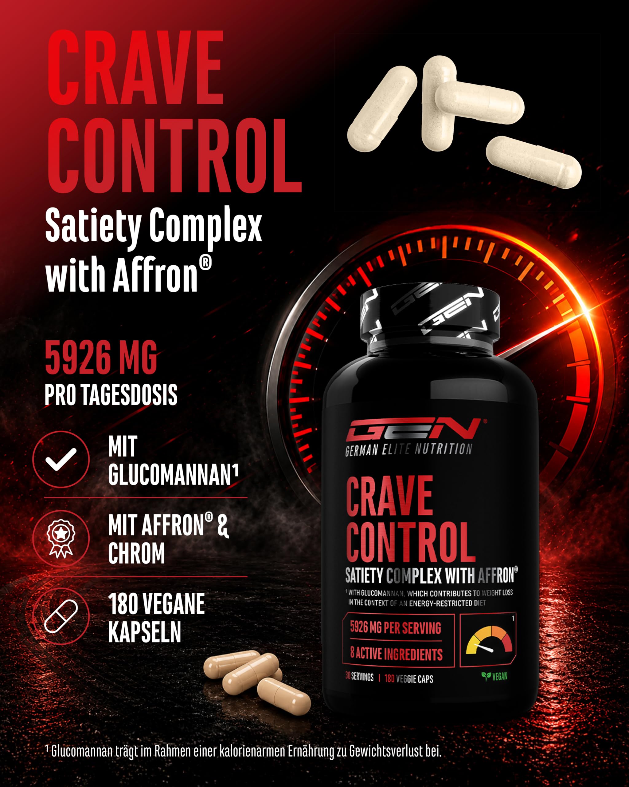 GEN GERMAN ELITE NUTRITION Crave Control Appetite Suppressant - 180 Kapseln | Affron® & Glucomannan, Grüntee Extrakt, Chrom, Ceylon Zimt, Weißer Weidenextrakt, Laborgeprüft, Vegan