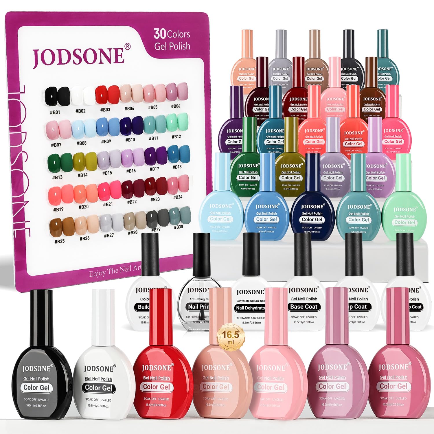 JODSONE 30 Farben Gel Nagellackset- Farbgleich & Flascheneinheit - Inkl. 6 Funktionellen Gelen (Base, Top, Matt) - Professionelles Nagellack Set