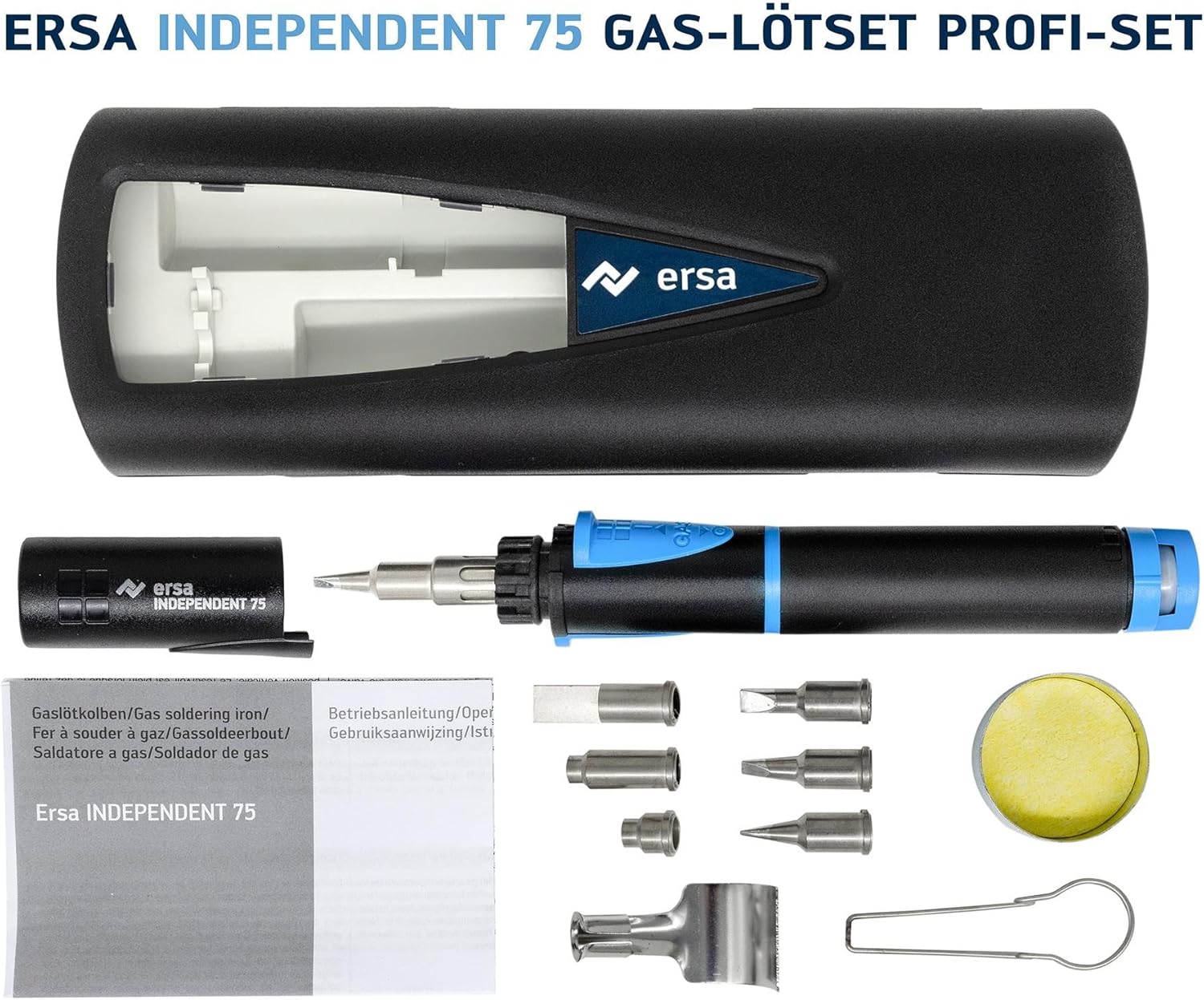 ersa Independent 75 "Profi-Set" gas soldering iron set. Includes additional tips, holder 0A20 and cleaning sponge. 15-75W