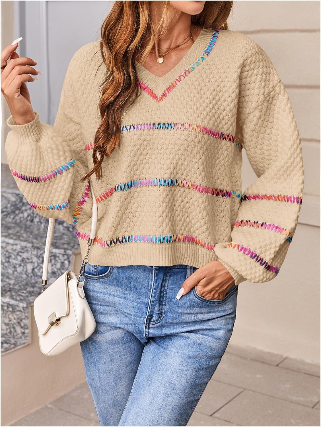 Verdusa Women's Striped Oversized Sweaters Cozy Pullover V Neck Knit Sweater Fall Winter Clothes - Image 3