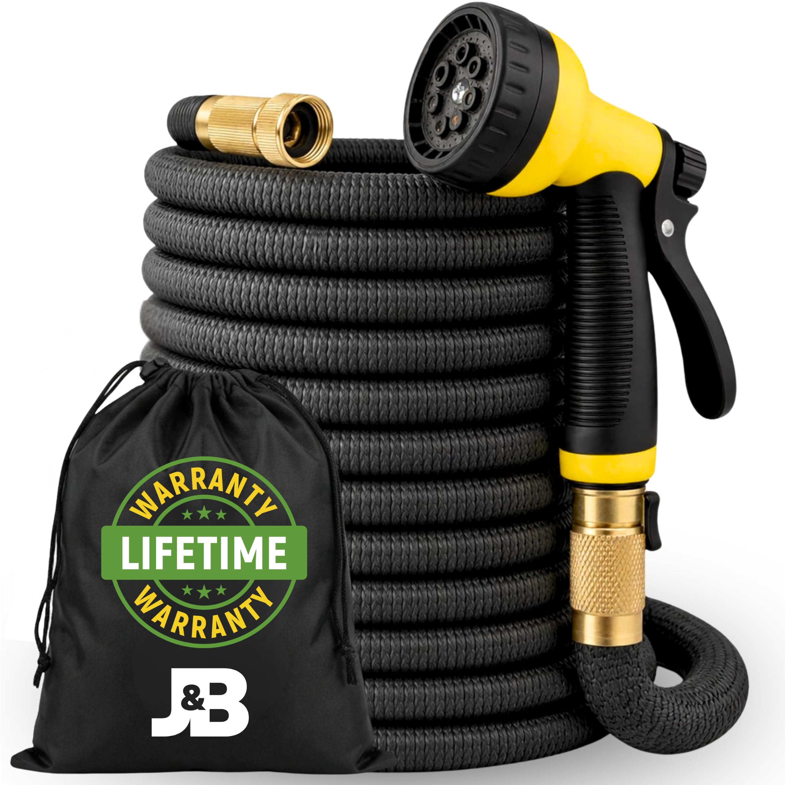 J&B XpandaHose 180 cm rozszerzalny wąż ogrodowy z uchwytem - wytrzymały potrójny warstwowy rdzeń lateksowy i 10 dysz natryskowych z torbą do przechowywania (czarny, 75) (75, czarny)