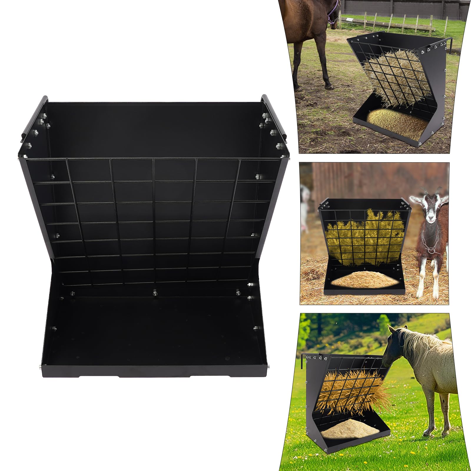 Comedero de heno grande para cabras, 2 en 1, comedero de cereales de heno para pastoreo, comedero independiente de acero, comedero para cabras, caballos, vacas, ovejas, ganado, conejo, color negro