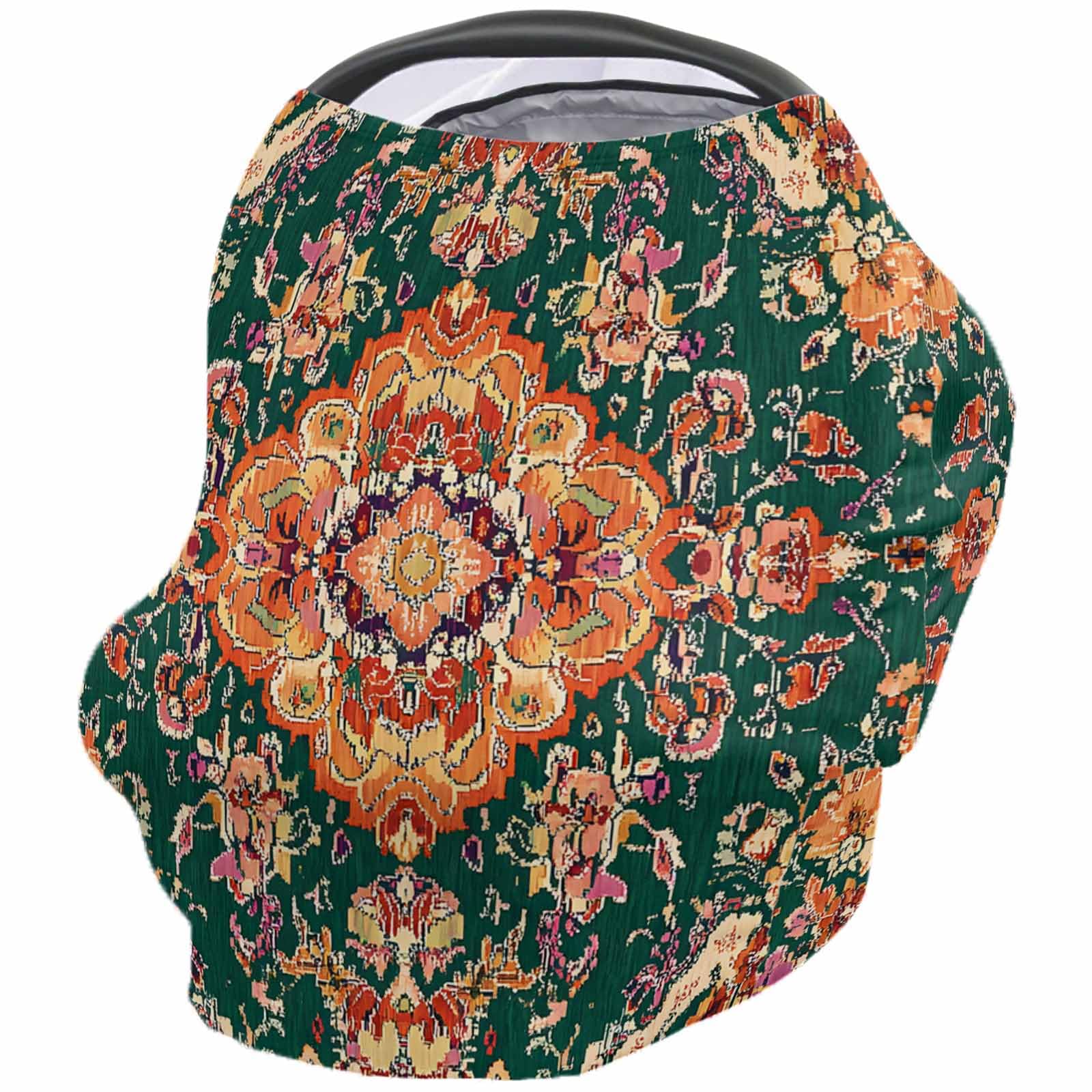 Abstract Ethnic Art Nursing Cover for Breastfeeding Scarf, Dark Green Orange Boho Floral Baby Car Covers Super Soft Multi Use for Canopy Shopping Cart Cover Blanket Stroller Cover