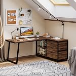 Tribesigns L-Shaped Bureau d'ordinateur avec 3 Tiroirs, bureau d'accueil en coin réversible avec étagères, 53-Inch Industrielle PC Bureau d'étude rédaction table poste de travail pour les petits Space, Marron rustique
