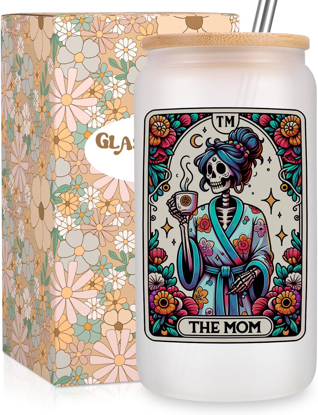 Fairy's Gift Skeleton Mom Iced Coffee Cups, Cute 16oz Frosted Glass Tumbler w/Lid Straw, the Mom Tarot Card Skull Cup, Mama Witchy Gifts for Women, Mothers Day Goth Bday Gothic Spooky Gifts for Mommy