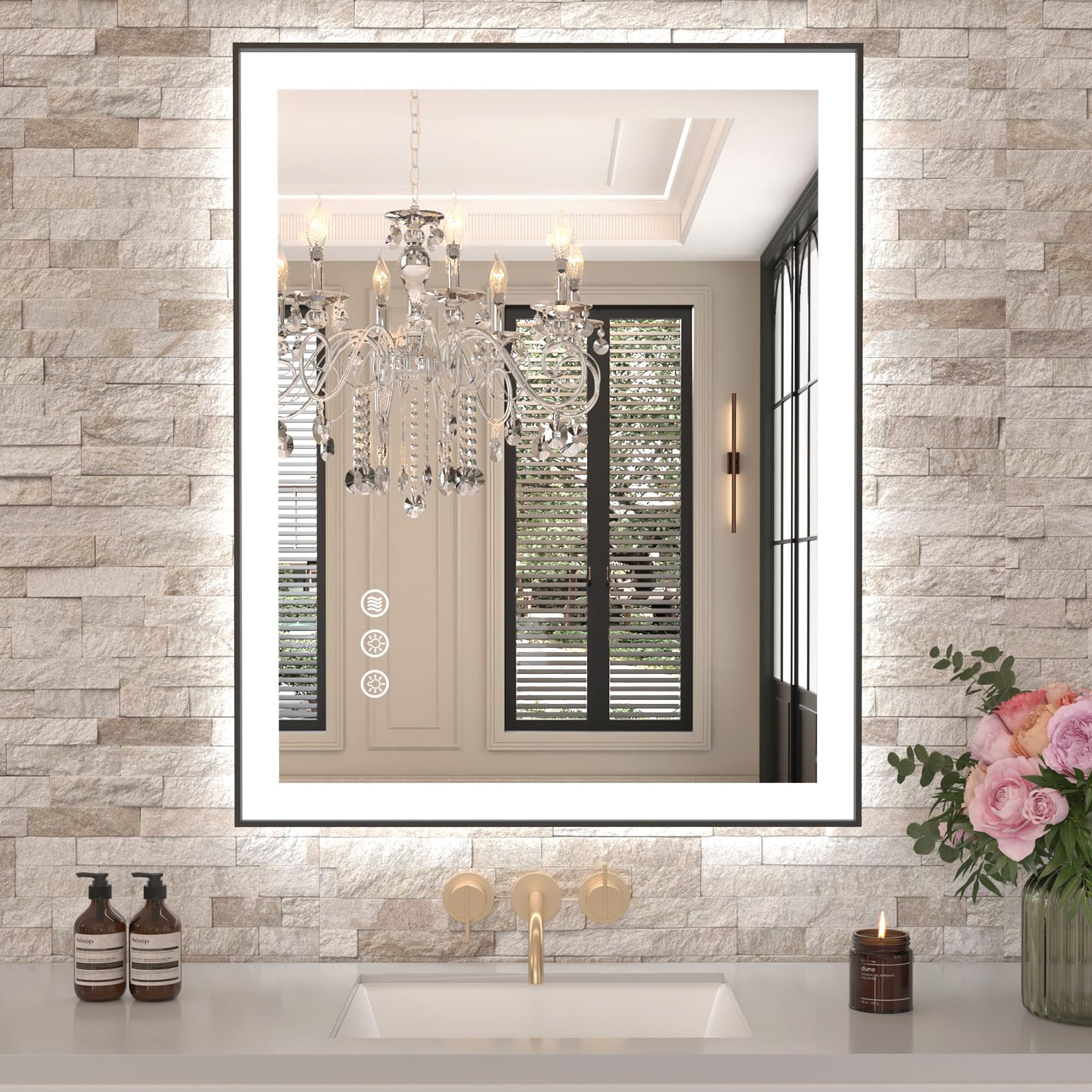 Photo 1 of Amorho 24"x 36" LED Bathroom Mirror with Black Frame, Front Light and Backlit(Controlled Separately), Stepless Dimmable, Anti-Fog, Shatter-Proof, 3 Colors, Memory