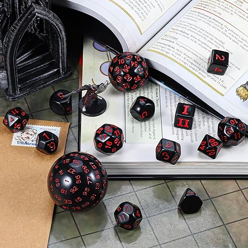 Miniatura 6 de CiaraQ DND - Juego de dados poliédricos (15 piezas) D4-D100 con bolsa de dados para juegos de mesa de rol de Calabozos y Dragones (negro y rojo)