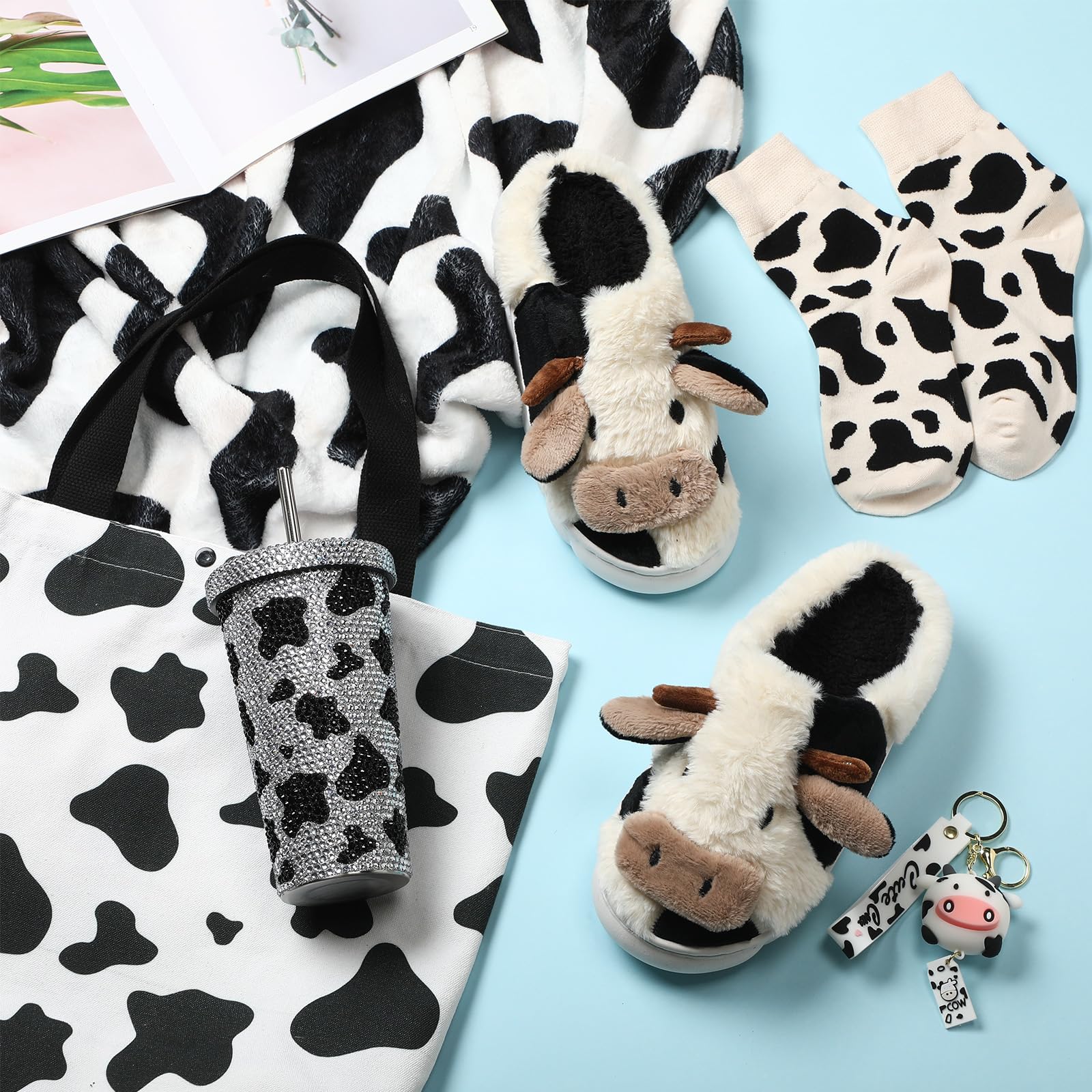 Cow Gift Set For Women - Includes 20 Oz Tumbler, Tote Bag, Throw Blanket, Socks, & Keychain, Black Cow Pattern - View #7