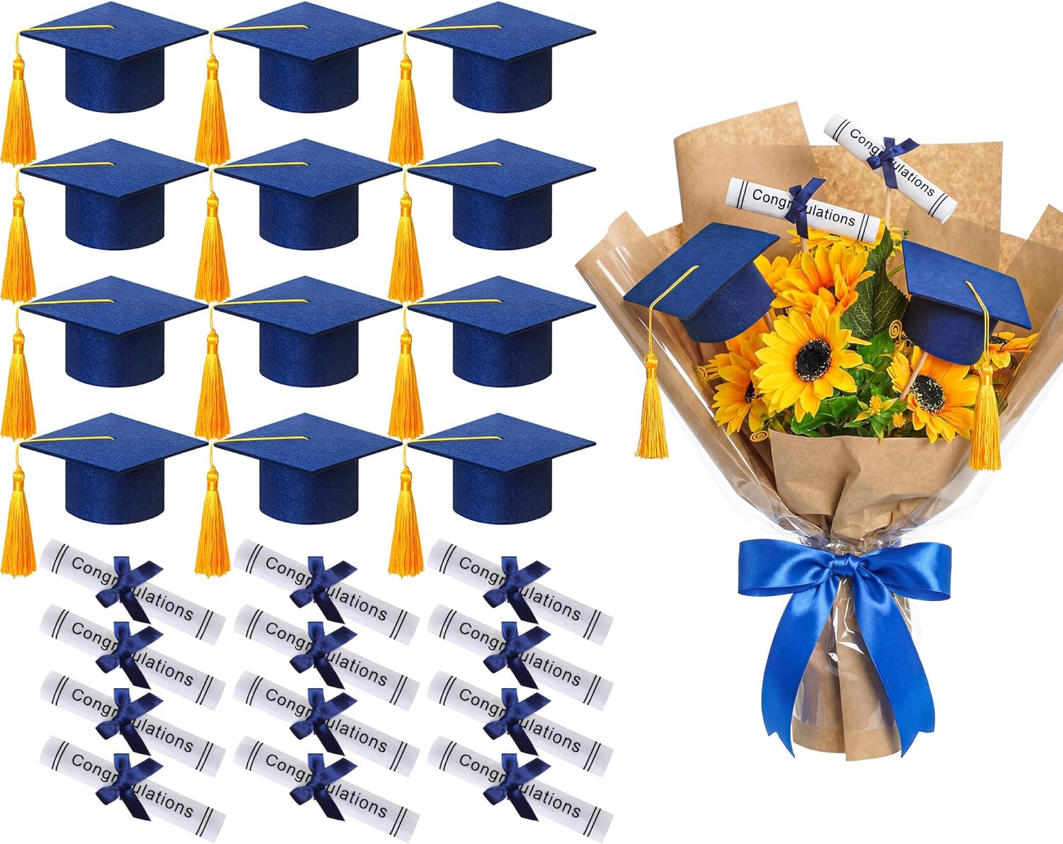 Breling 24 Pcs Blue and Gold Graduation Centerpiece Sticks Felt Graduation Scroll Diploma and Grad Cap with Tassel Decor 2026 Table Toppers Centerpiece Party Supplies for Grad Party Decorations