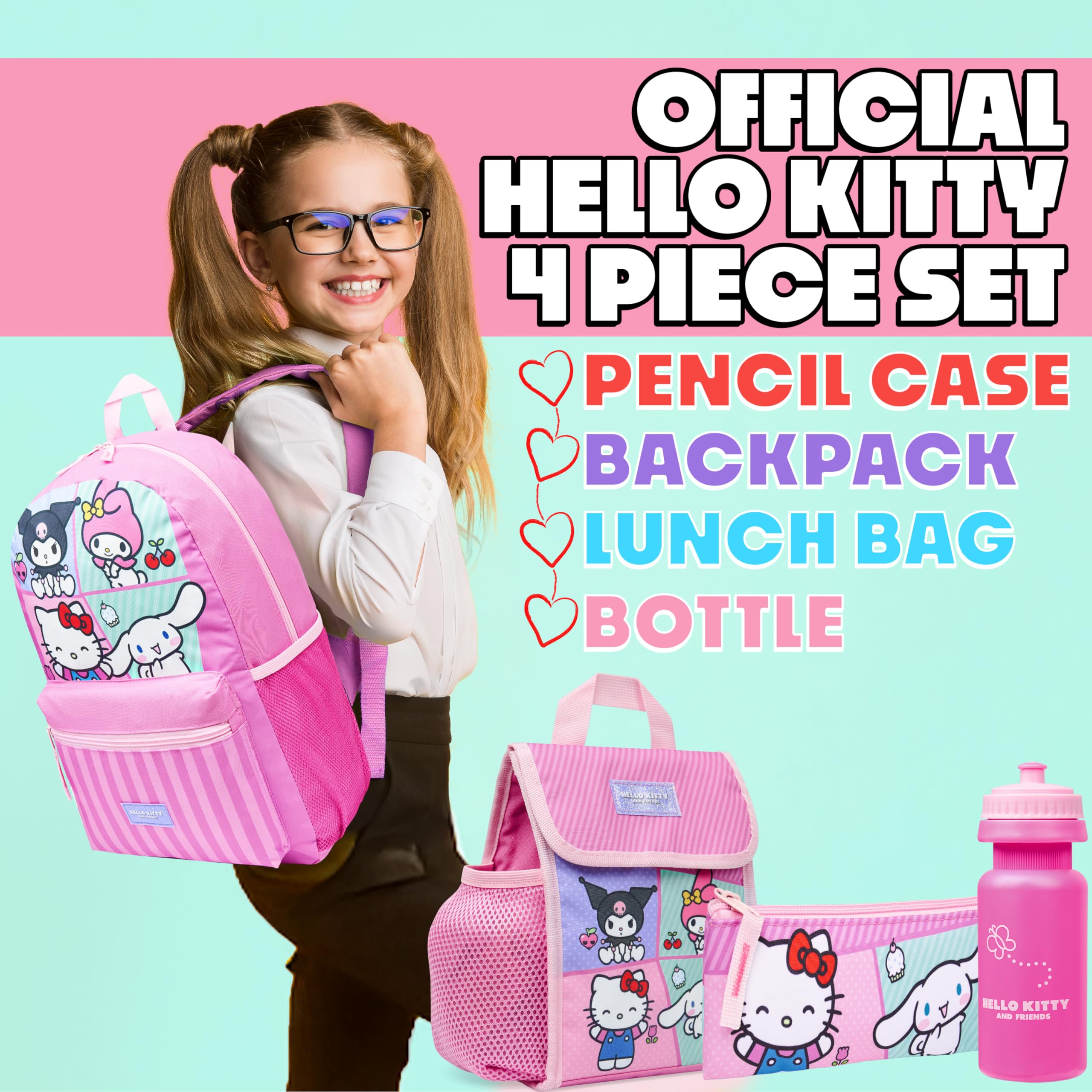 Hello Kitty Sanrio Sac à Dos Fille Kit Scolaire 4 Pièces Trousse Kawaii Sac Isotherme Repas Gourde 600ml Kuromi Cinnamoroll