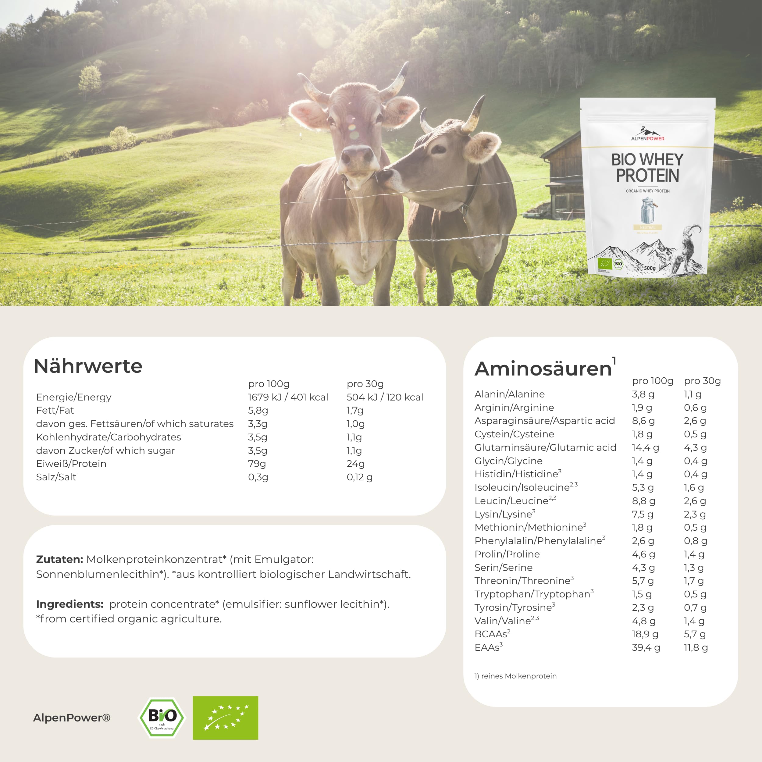 AlpenPower BIO WHEY Protein Neutral 500 g - 100% natürliche Zutaten & ohne Zusatzstoffe - Hochwertiges CFM Eiweiß-Pulver aus bester Bio-Alpenmilch