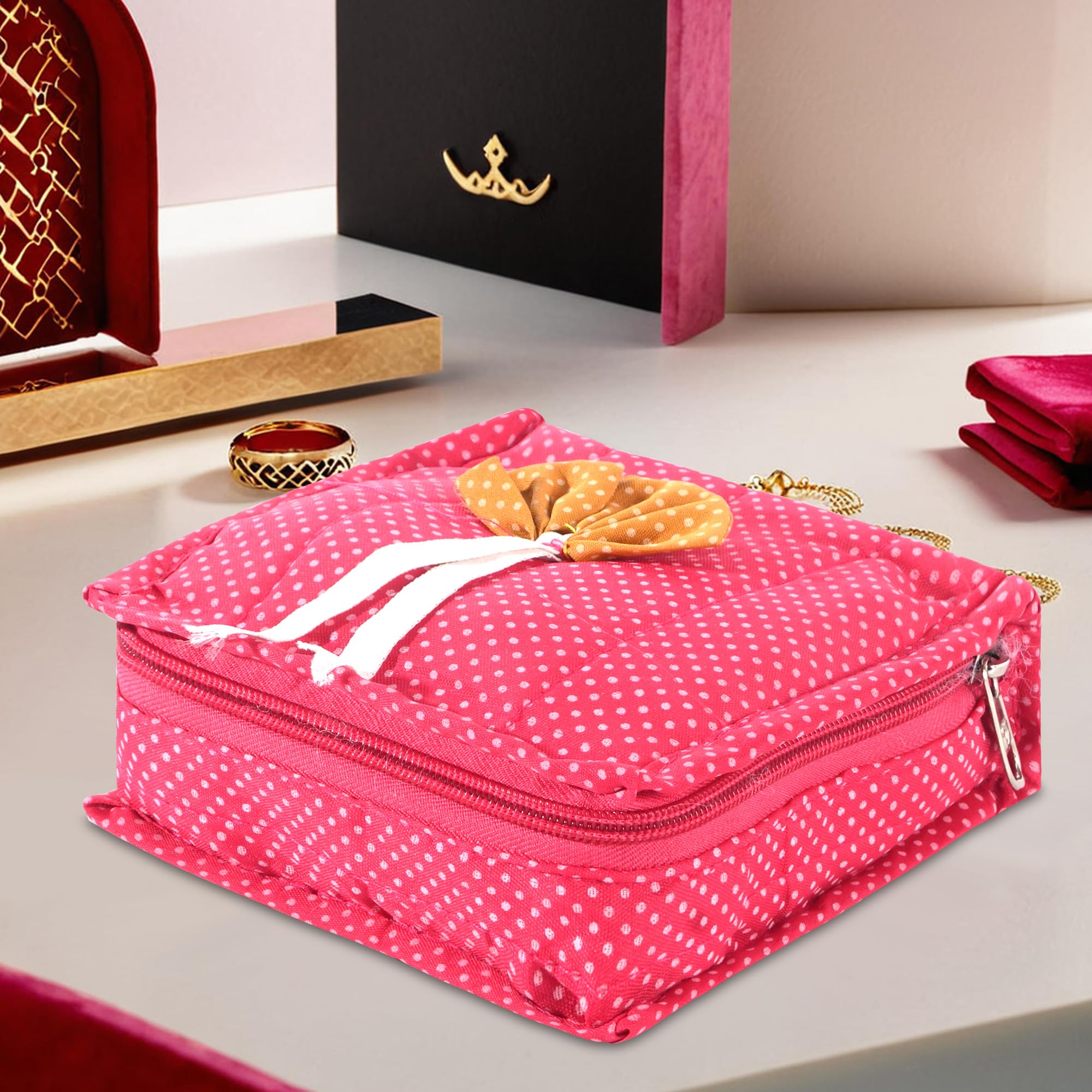 Kuber Industries Cotton Small Makeup Pouch Bag with 5 Compartment | Jewellery Organisers Pouch for Storage Earrings, Rings and Bracelets | Dot Bow Design - Pink
