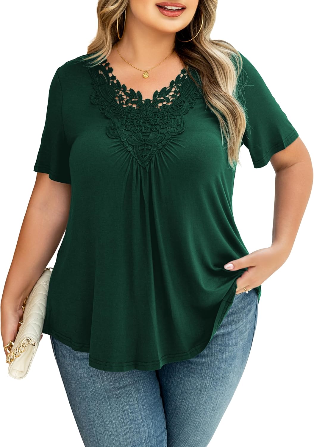 Tralilbee Women’s Plus Size Tops Casual Blouse Short Sleeve Lace Crochet Tunic Tops, M-4XL