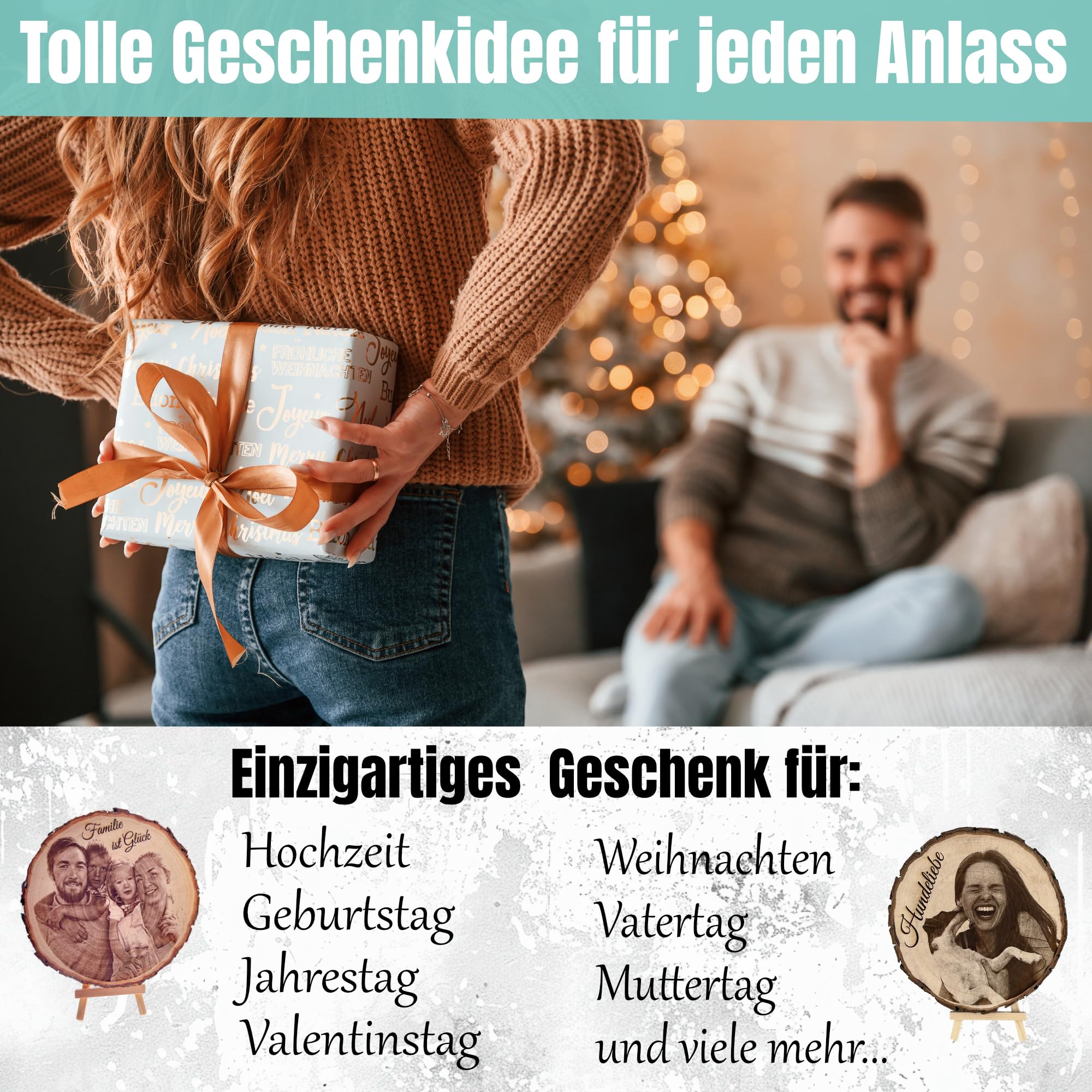 Manevito Personalisierte Baumscheibe mit Gravur - Fotogravur - Fotogeschenke - Personalisierte Geschenke - Geburtstagsgeschenke - Geschenk mit Foto - Inkl. Ständer - Hochzeitsgeschenke für Brautpaar