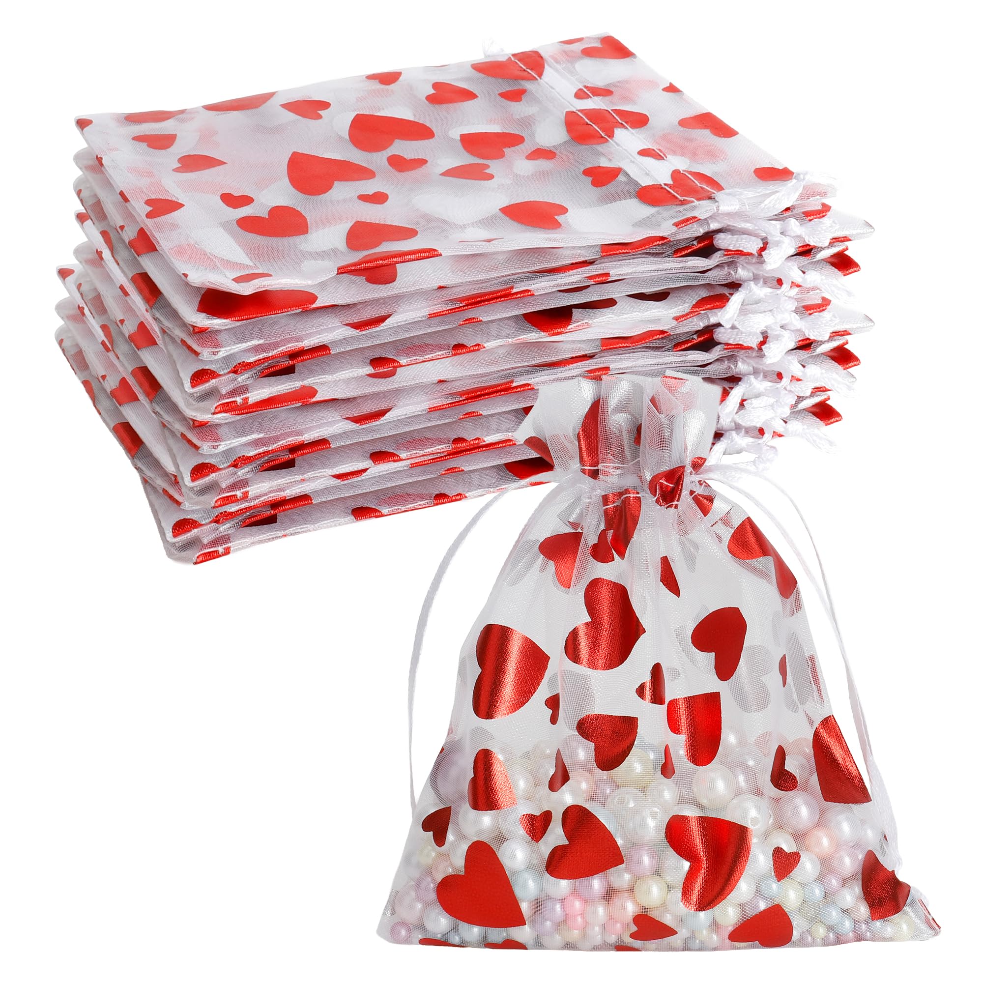 BOEIAC Heart Organza Bags, 50PCS Organza Gift Bag, Drawstring Sheer Mesh Gift Bag 3 x 4 inch, Mesh Jewelry Pouches, Mini Candy Bag for Valentine's Day, Christmas, Mother's Day, Wedding Party Favors