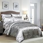 3 Pieces Duvet Cover Set,Jacquard Pattern Soft Microfiber Satin Silk Bedding Set,1 Duvet Cover and 2 Pillowcases,Silver Grey,Queen Size