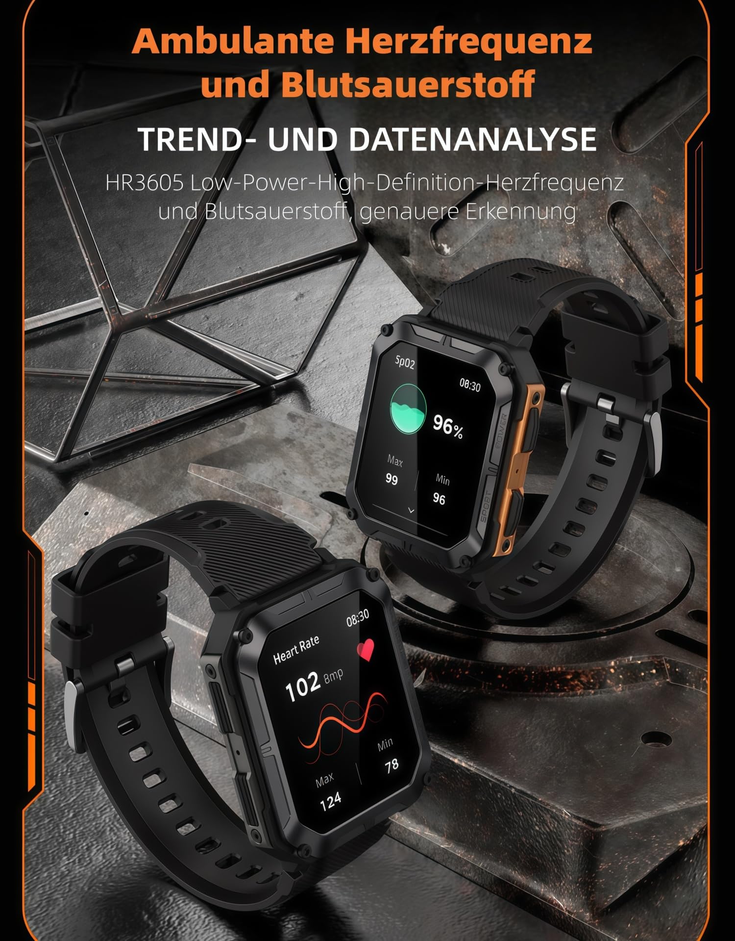 Thor Die Stabilste Smartwatch Originale smarte Sportuhr für Herren mit Telefonfunktion, Schrittzählung, Herzfrequenzüberwachung und Blutdruckmessung (orange Farbe)