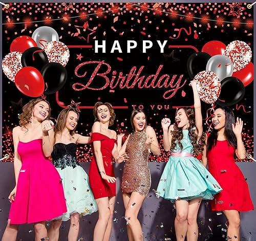 Miniatura 5 de Red Happy Birthday Background Banner Decoration, Red and Black Birthday Background Banner Sign Decoration Kids Mens Womens Anniversary Birthday