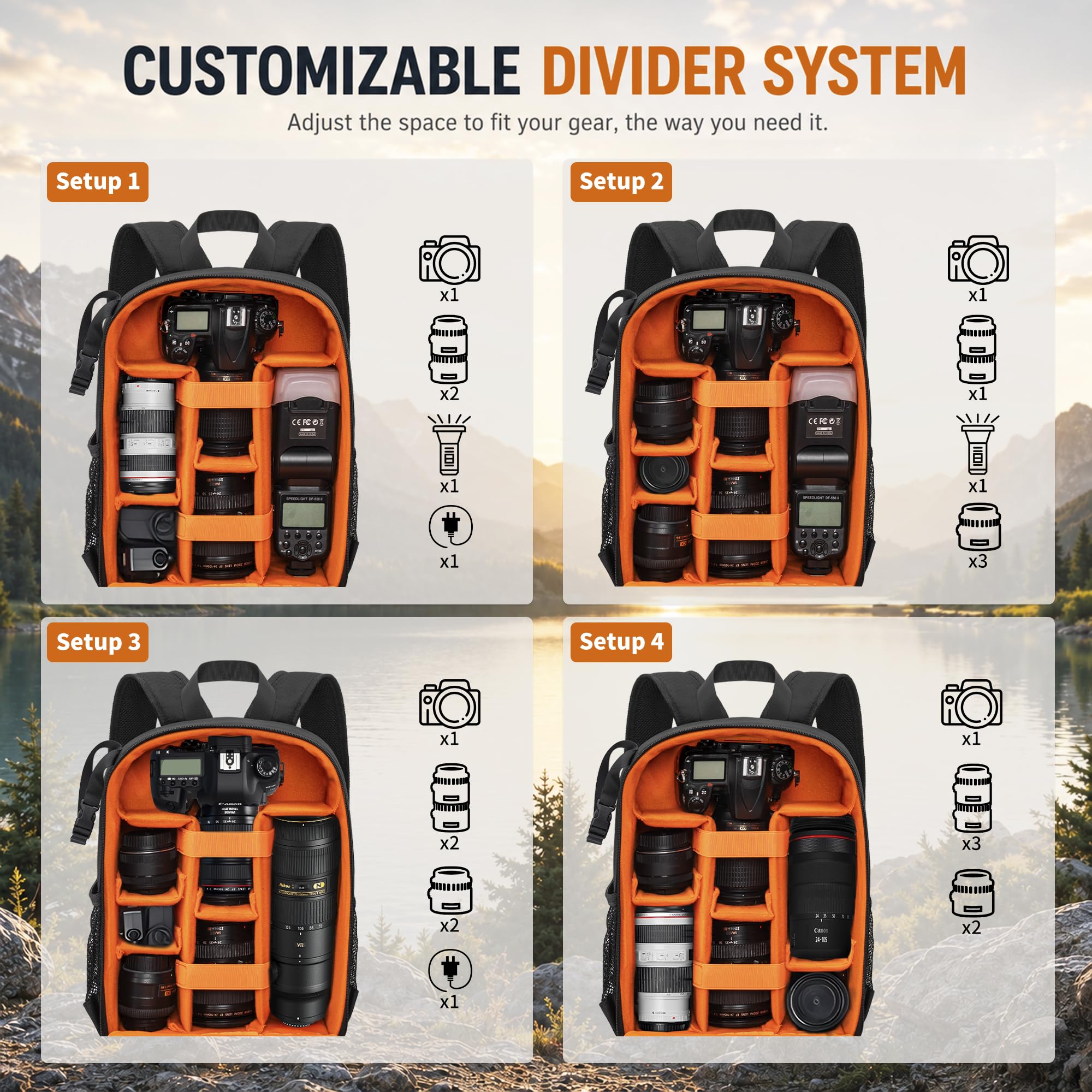 Kamerarucksack ，Für DSLR/SLR spiegellose Kamera，Schwarz-Orange (S) | Stativhalterung, Wasserdicht, Anti-Diebstahl, Für DSLR/SLR spiegellose Kamera