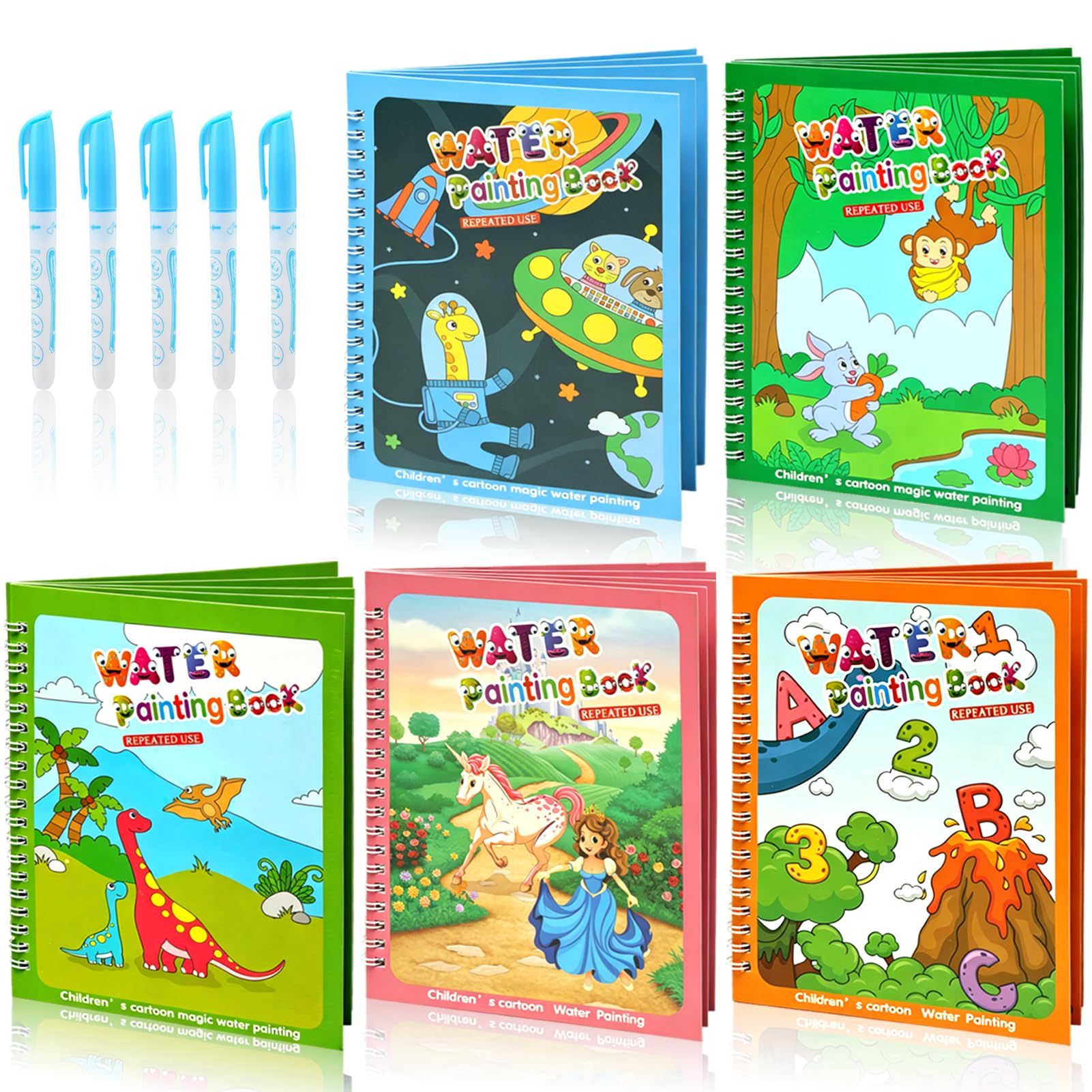 Ballery 5 Pack Magic Water Colouring Books for Toddlers, Reusable Water Painting Books with Pens, Mess Free Drawing Travel Toy, Educational Learning Doodle Book Set for Boys Girls