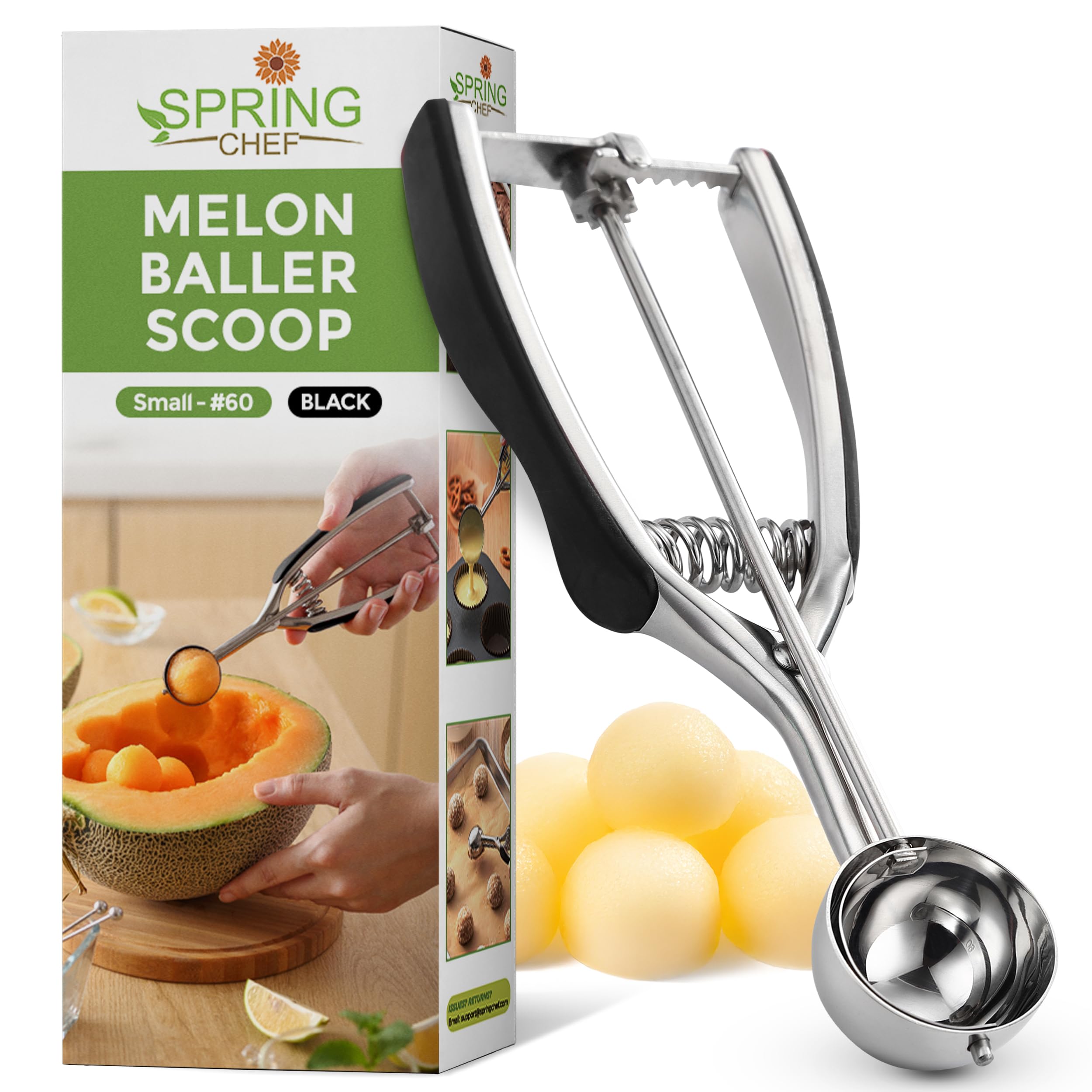 Spring Chef Small Stainless Steel Melon Baller Scoop, #60, 1 Tbsp, Black