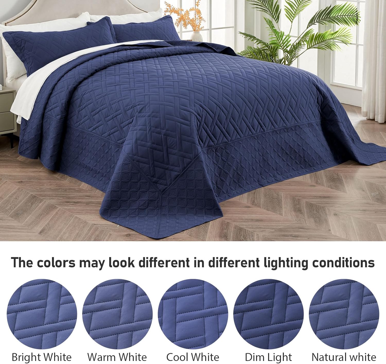 Qucover Oversized Bedspreads 128x120, 3 Piece Soft Microfiber Lightweight Navy Blue California King Quilt Sets, Ultrasonic Geometric Pattern King Size Bedspreads Oversized, with Pillow Shams