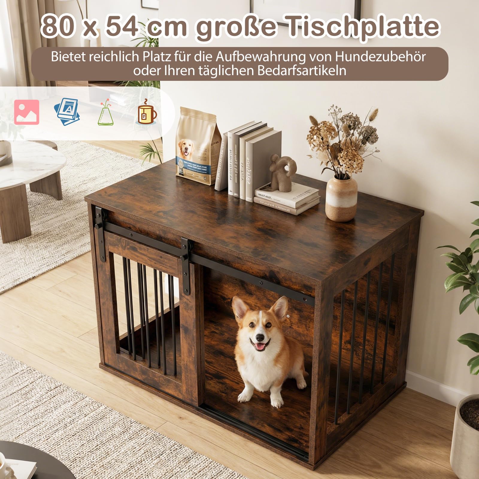 COSTWAY Hundekäfig Möbel, 80 cm Hundebox mit Schiebetür & Metallrahmen, Hundeschrank Holz für Wohnzimmer, Schlafzimmer & Flur, dekorativer Beistelltisch für kleine & mittelgroße Hunde (Rustikal Braun)