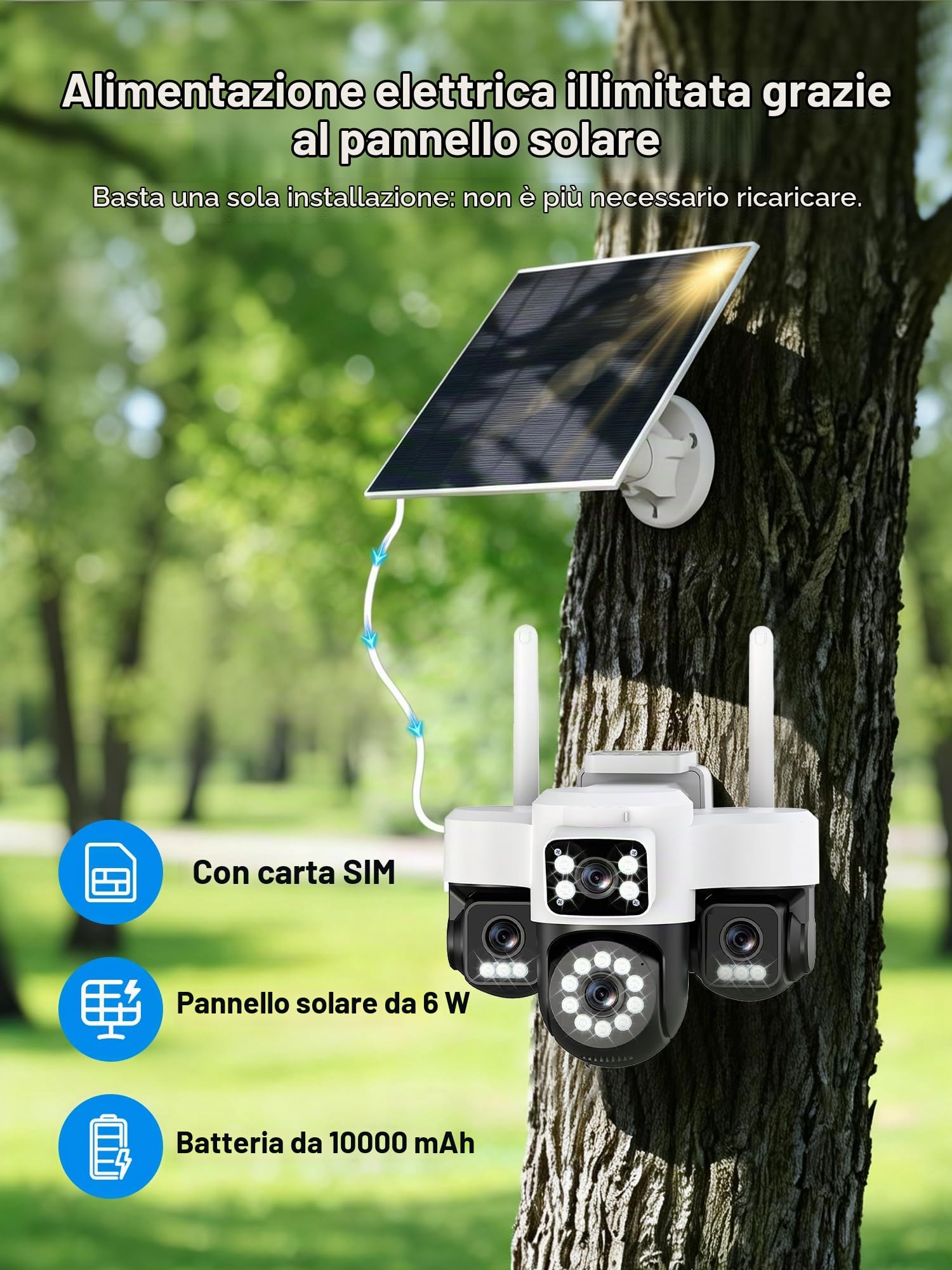 4G Camera di sorveglianza esterna senza fili,AOV 24/7,Quattro obiettivi/Camera solare/Batteria,4K telecamere di sorveglianza con scheda SIM,Visione vocturna,Allarme,Audio bidirezionale,Monitoraggio