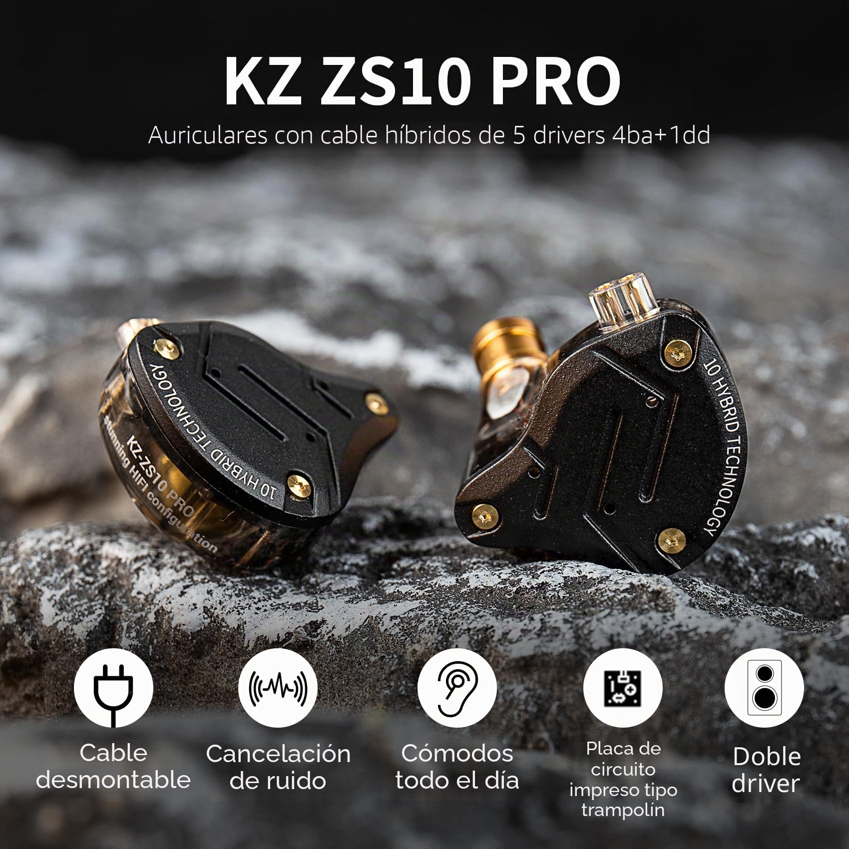 KINBOOFI KZ ZS10 Pro - Auriculares con Monitor de oído, in Ear Monitor HiFi KZ con Controladores 4BA y 1DD, KZ Mejorado ZS10 Pro con Cable Desmontable de 0,75 mm 2 Pines 6N OFC (Negro sin micrófono)