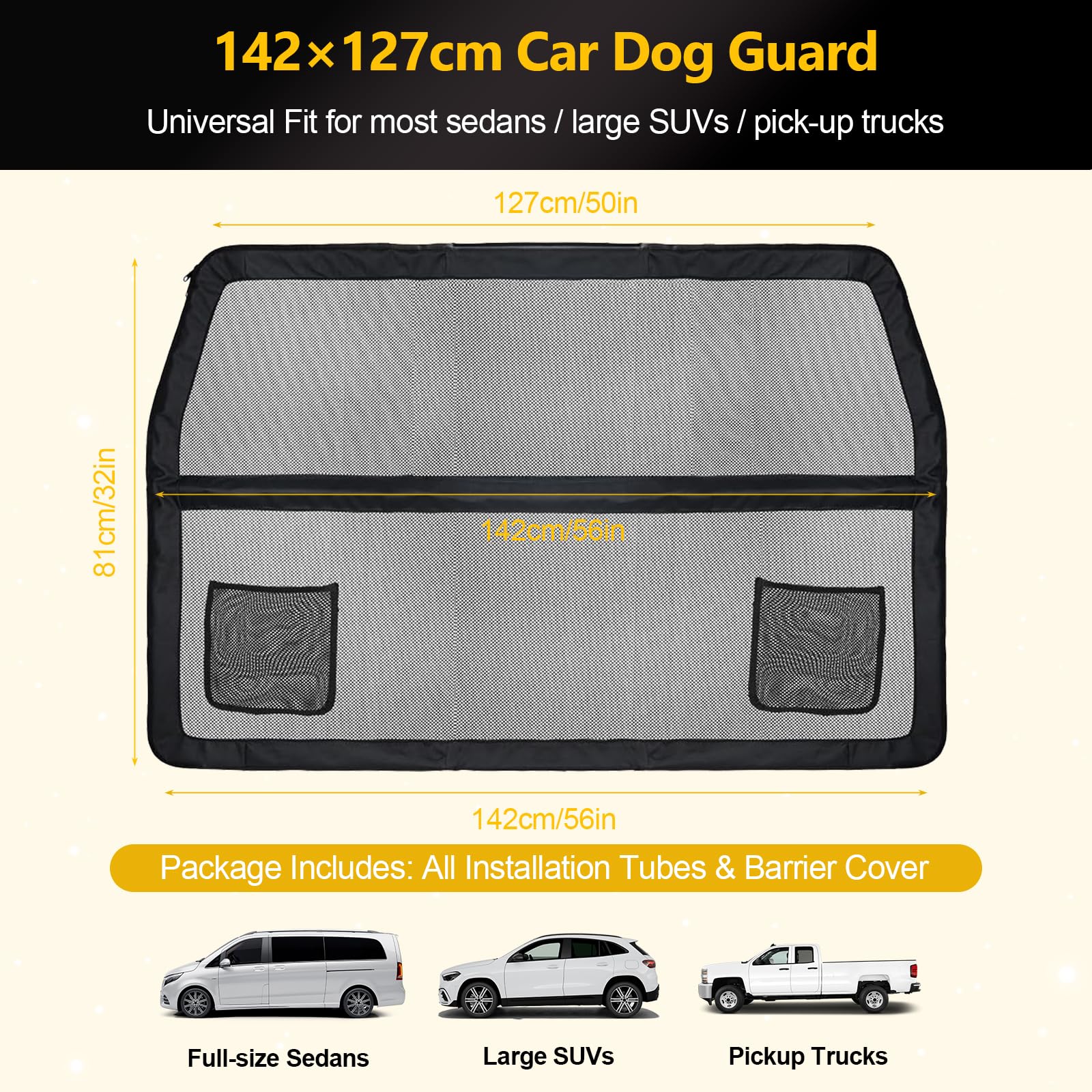 Hundegitter Auto mit Metallrahmen & Sichtnetz, 127 x 142 x 81cm Haustierbarriere Schutznetz Barriere Trennnetz, Universal Hunde Barriere für Kofferraum oder Rücksitz, für SUVs Lkws Fahrzeuge, Schwarz