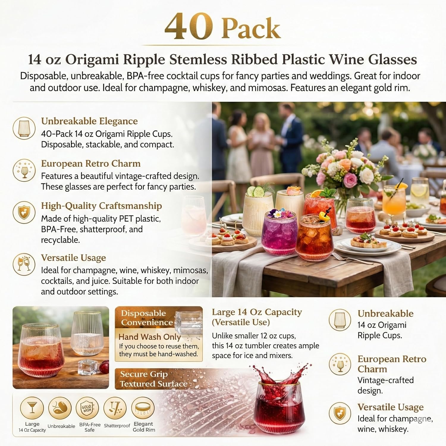 Oojami 40 Pack 14 oz Origami Ripple Stemless Ribbed Plastic Wine Glasses, Disposable Unbreakable BPA-Free Cocktail Cups for Fancy Parties, Weddings, Indoor Outdoor Champagne, Whiskey, Mimosa, Gold Rim - Image 3