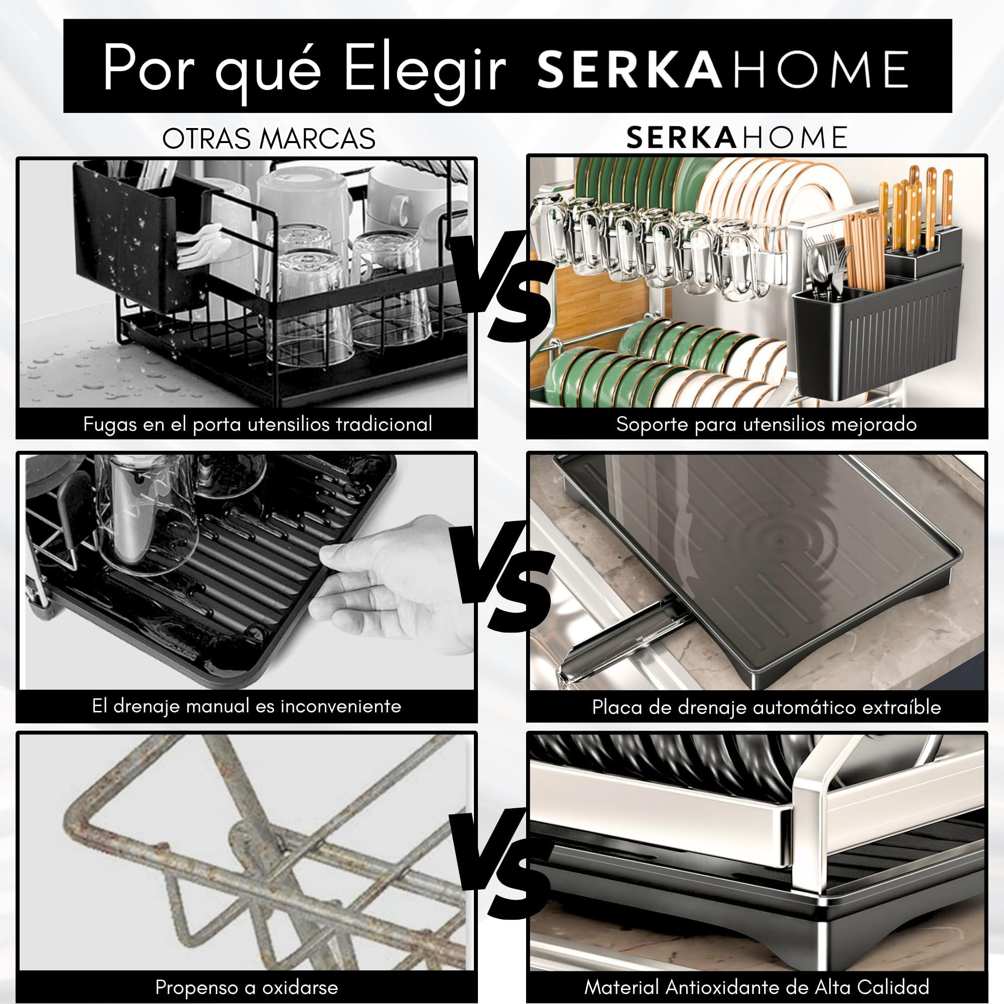 SerkaHome Estante Escurridor de Platos 2 Niveles Acero Inoxidable 304, Escurreplatos Cocina para Fregadero (42 x 29 x 35cm), Organizador de Cocina, Gran Capacidad, Resistente a la Corrosión y al Óxido