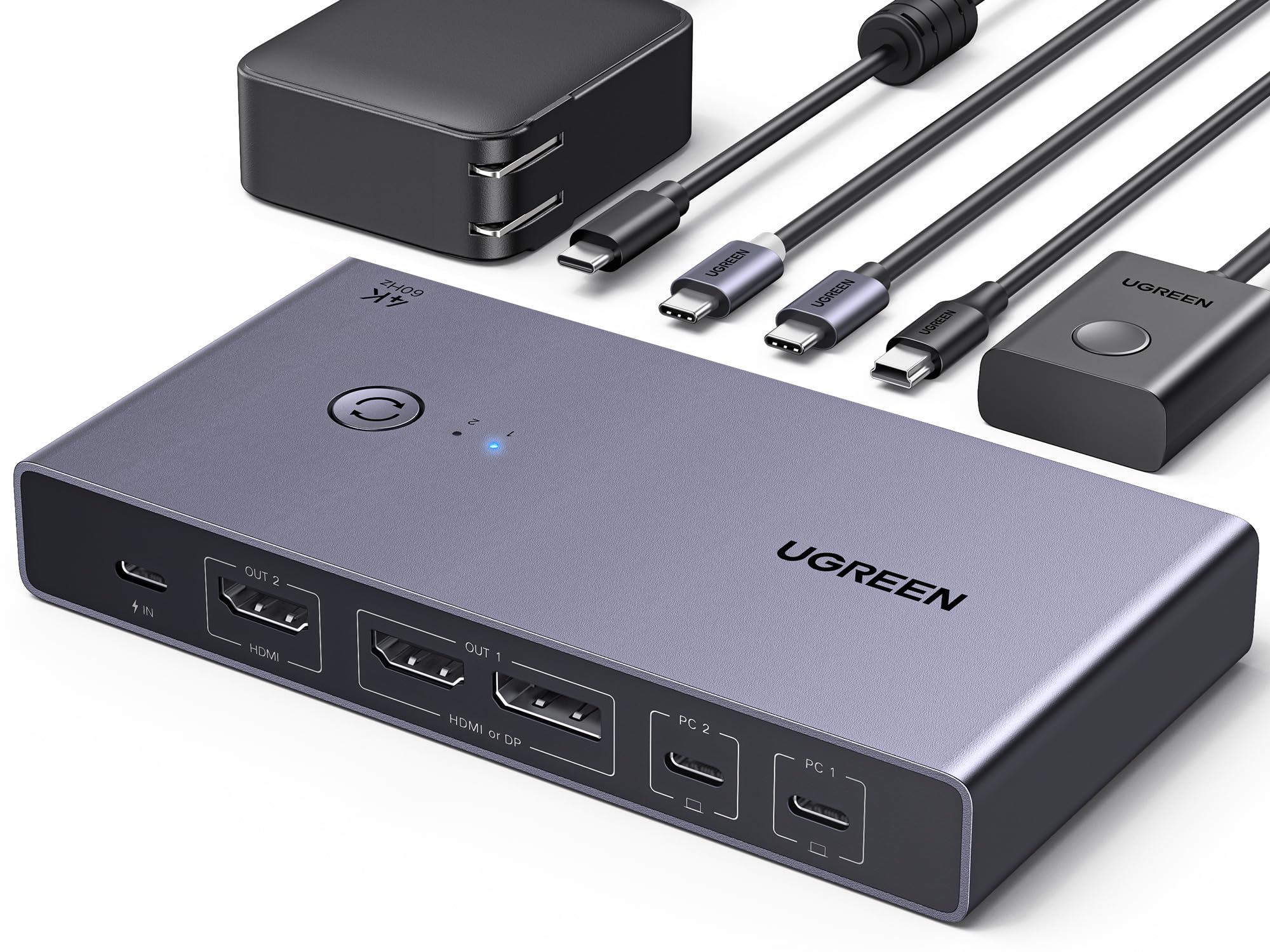 UGREEN KVM Switch HDMI2.0 Commutateur KVM DP 4K 60Hz 2 Entrées 2 Sories | 3 Ports USB A USB C 3.0 5Gbps PD 100W pour MacBook Pro Mac Mini M4 Clavier Souris Disque Dur avec Contrôleur de Bureau
