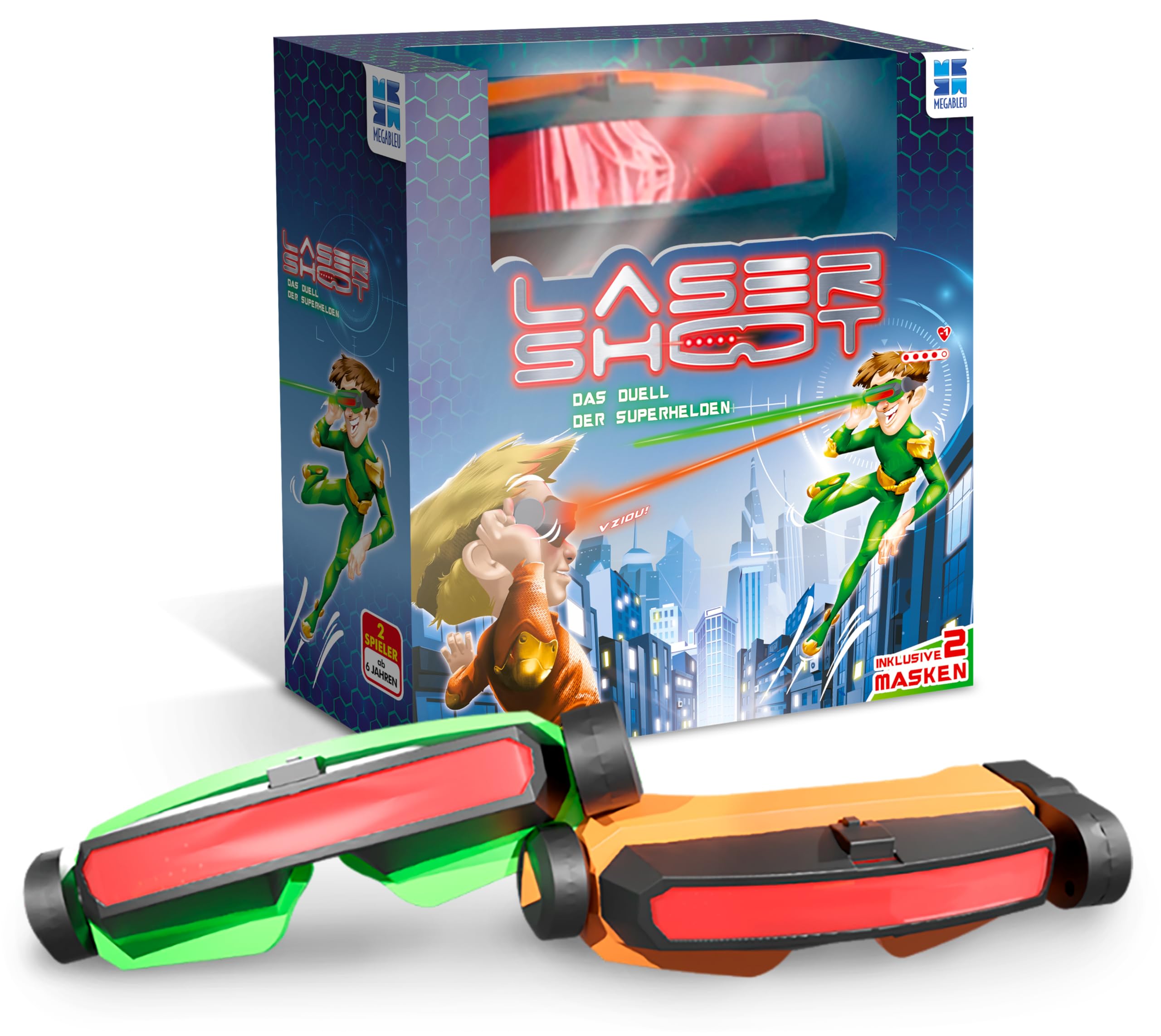 Megableu - Laser Shoot - Kinder-Laserspiele für 2 Spieler - Schießspiele - Indoor/Outdoor Kinderkampfspiele - 2 Lasermasken Inklusive - Interaktives Spielgeschenk - Ab 6 Jahren - Deutsche Version