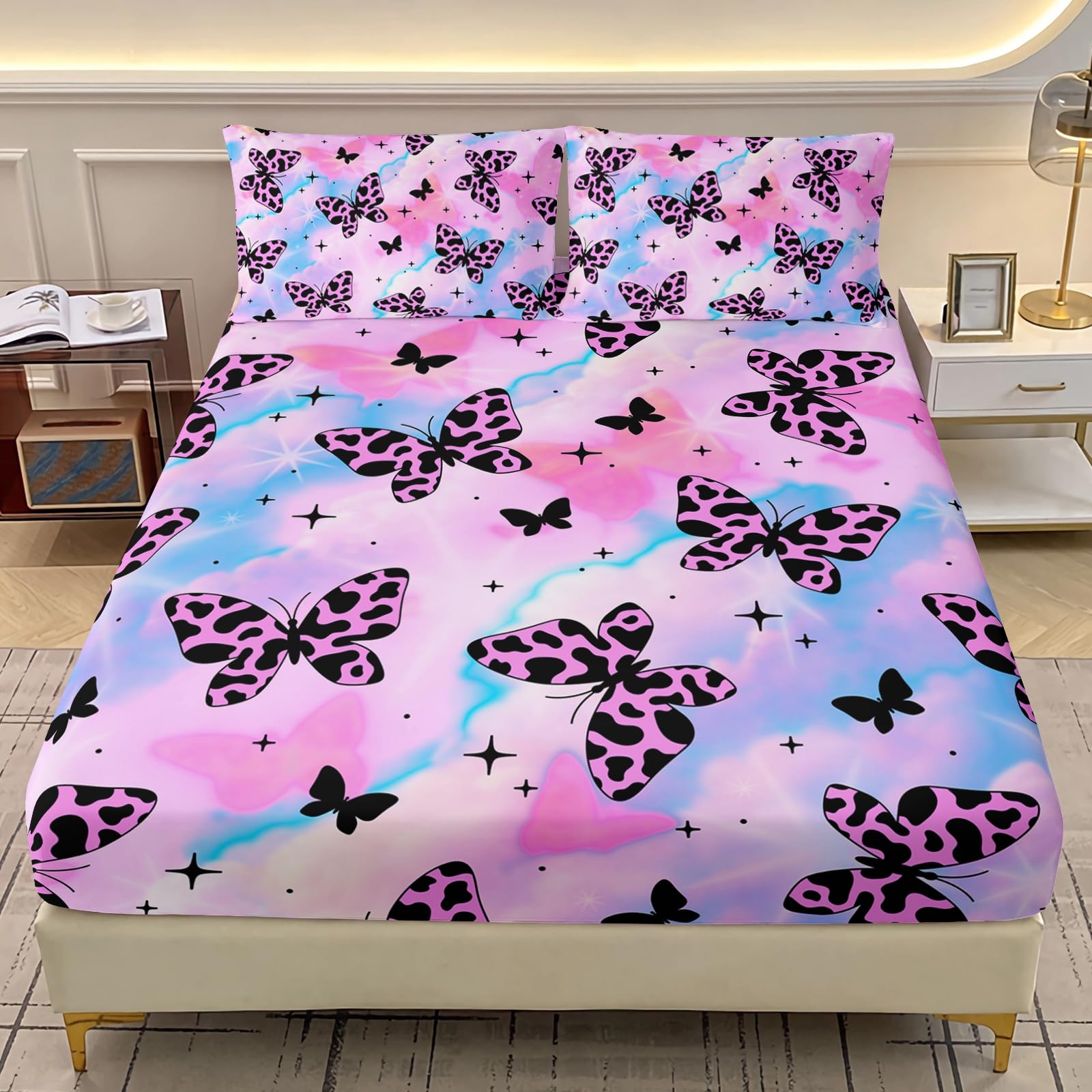 AILONEN Butterfly Fitted Sheet Set Full Size - Leopard Print Butterflies Bedding Set for Girls - Pink &amp; Blue Bed Sheet with 2 Pillowcases - Soft 3Pcs
