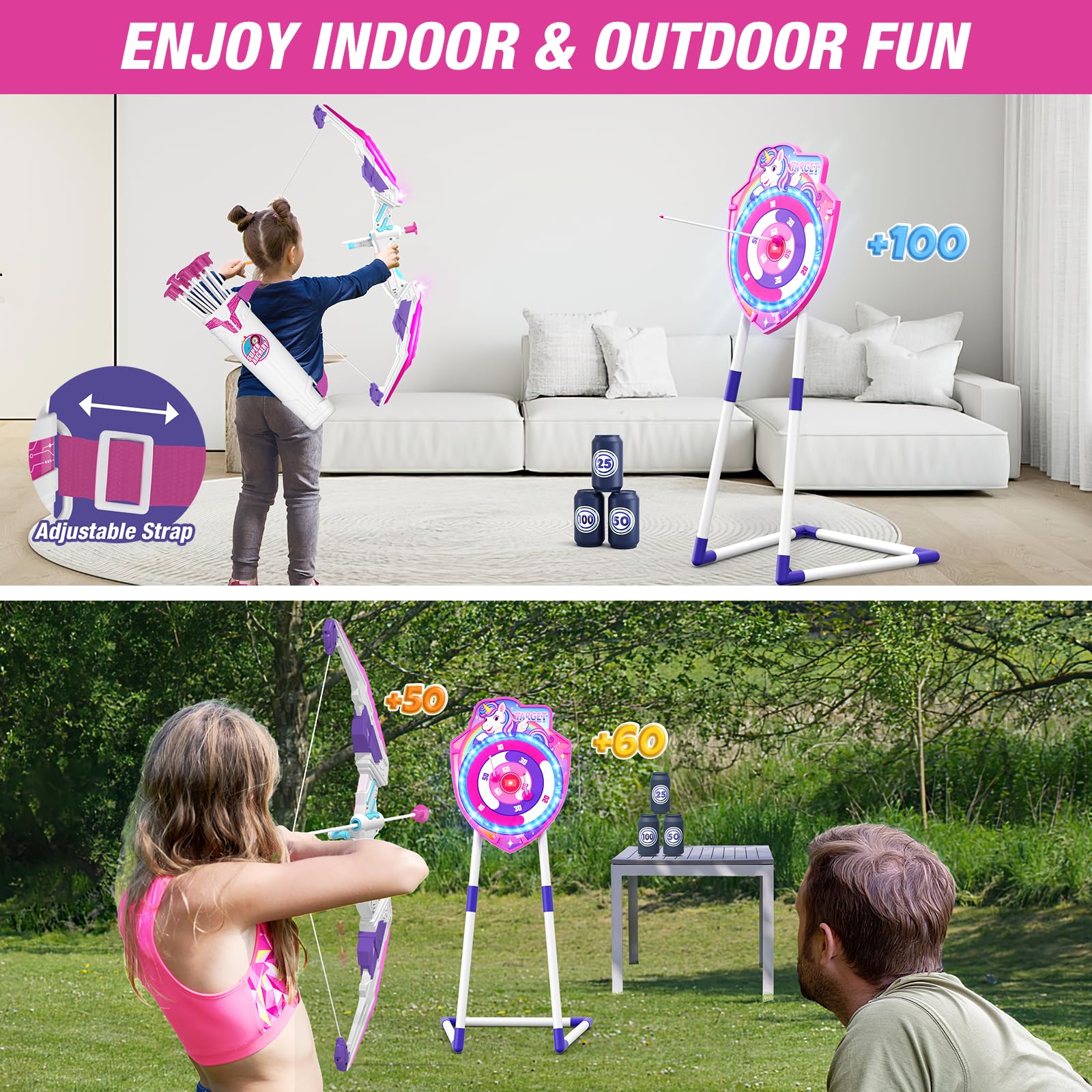 HYES Arco e Frecce per Bambini con Luci LED, Set Giocattoli Tiro con l'Arco con Ventose e Bersaglio