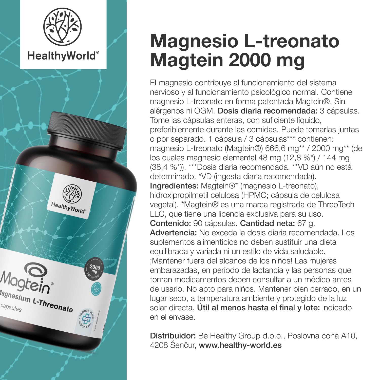 HealthyWorld Magnesio L-treonato Magtein 2000 mg – 90 Cápsulas