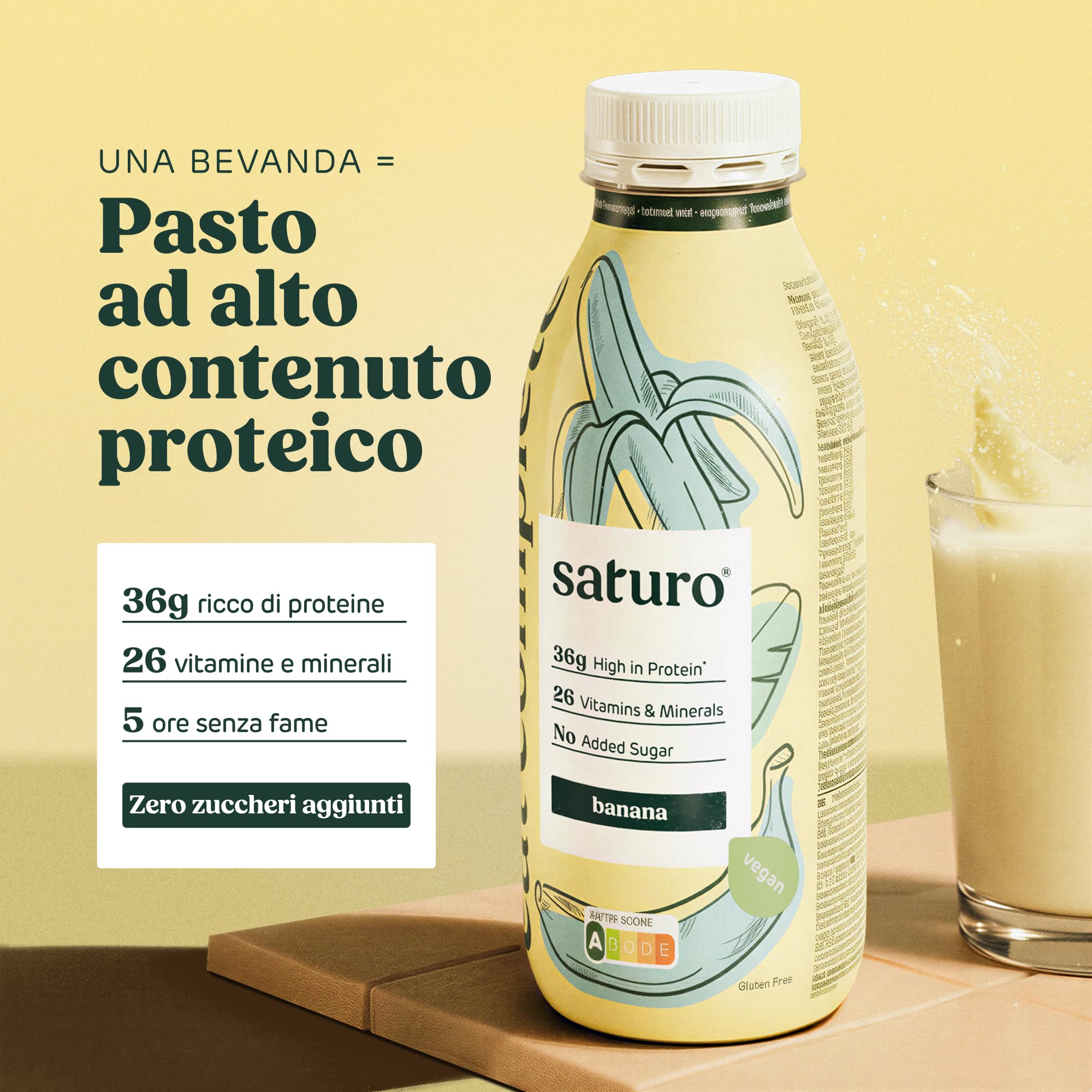 Saturo Pasto Sostitutivo Frullato Gusto Banana | 36 g di proteine & senza zucchero | 400 kcal | Vegano | Pasto Bevibile con Nutrienti Essenziali | 6 x 400 ml