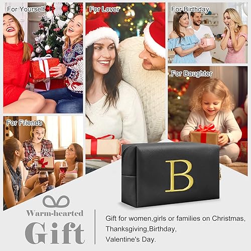 Miniatura 5 de Bolsa de Maquillaje con Inicial de Regalo Personalizado, Bolsa de Cosméticos Preppy con Letra Bordada Dorada, Rellenos de Calcetín para Chicas Negro