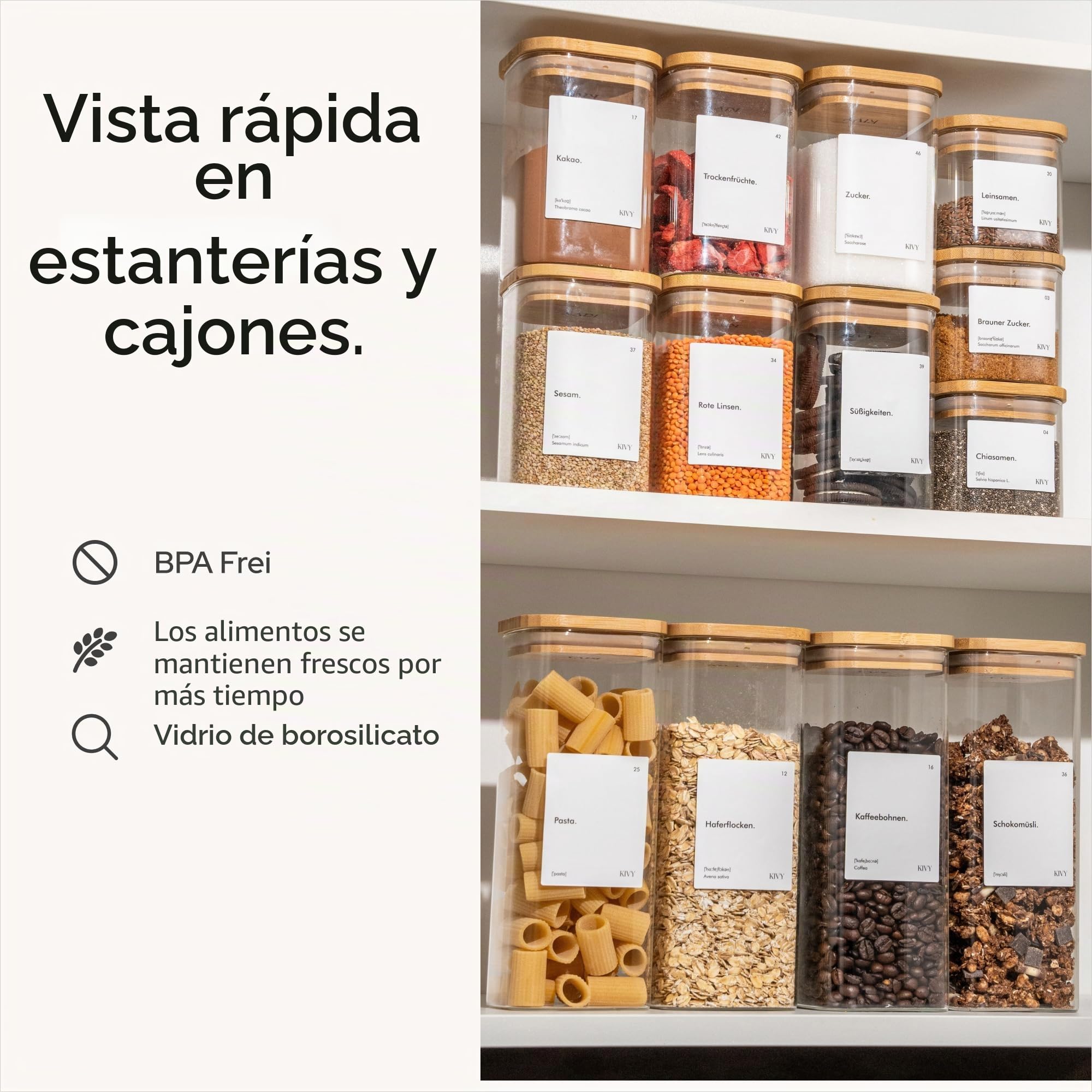 KIVY Tarros de almacenamiento rectangulares [juego de 12] + etiquetas, apilables y herméticos con tapa, tarros de almacenamiento con tapa herméticos – tarros de almacenamiento rectangulares – bambú