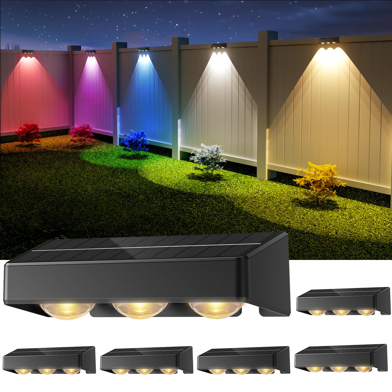 NIORSUN Solar Fence Lights,6 Pack Solars Deck Light,RGB Color,Outdoor Bulb Waterproof Led IP65,Power Patio Lamp with Lenses for Outside/Backyard/Railing/Yard(Black)