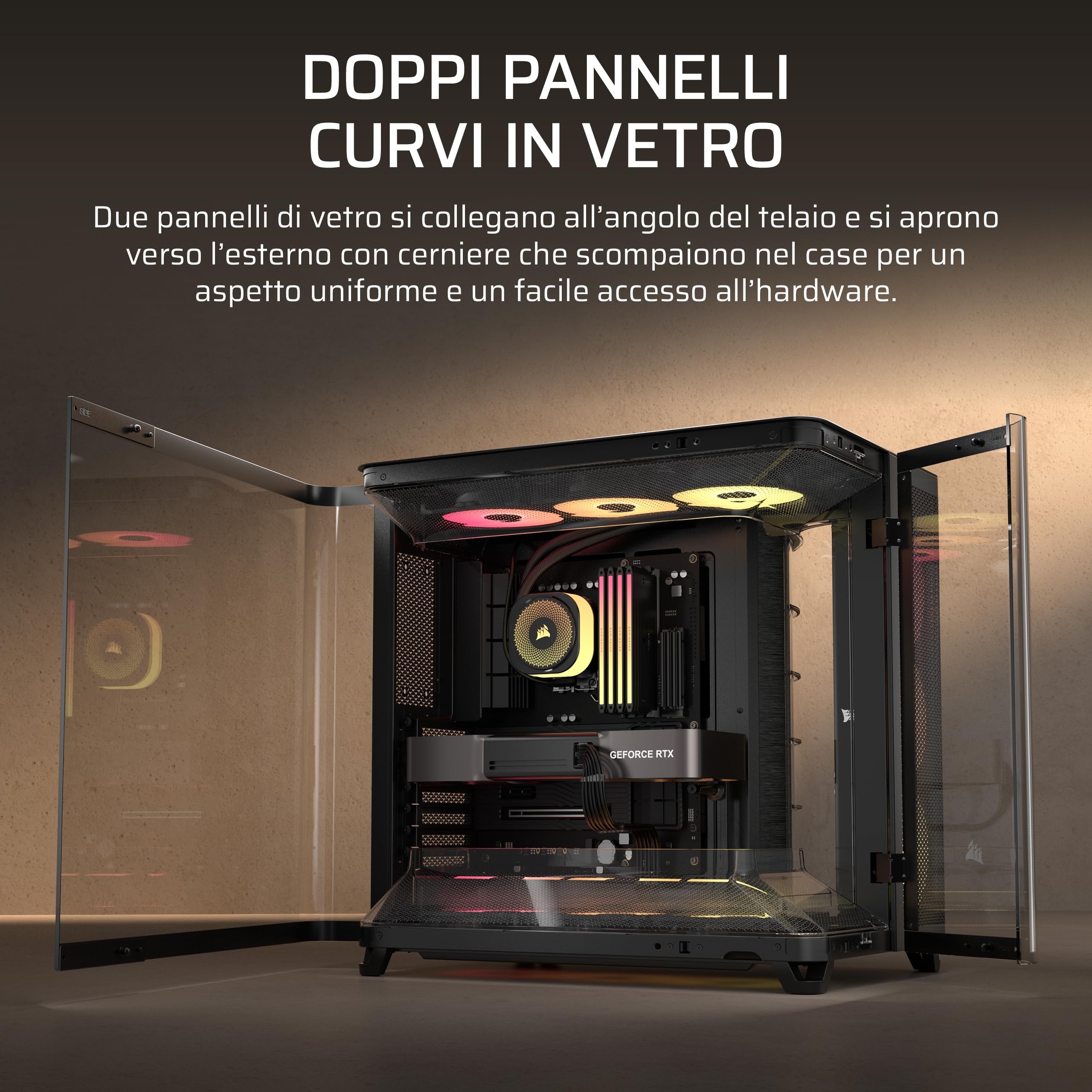 CORSAIR AIR 5400 RS-R ARGB Case PC Panoramico Mid-Tower – Nero | A Tripla Camera, 3 Ventole RS120-R ARGB Rotazione Inversa, Condotti Silenziosi ad Alto Flusso, Supporto Scheda Madre Inverso
